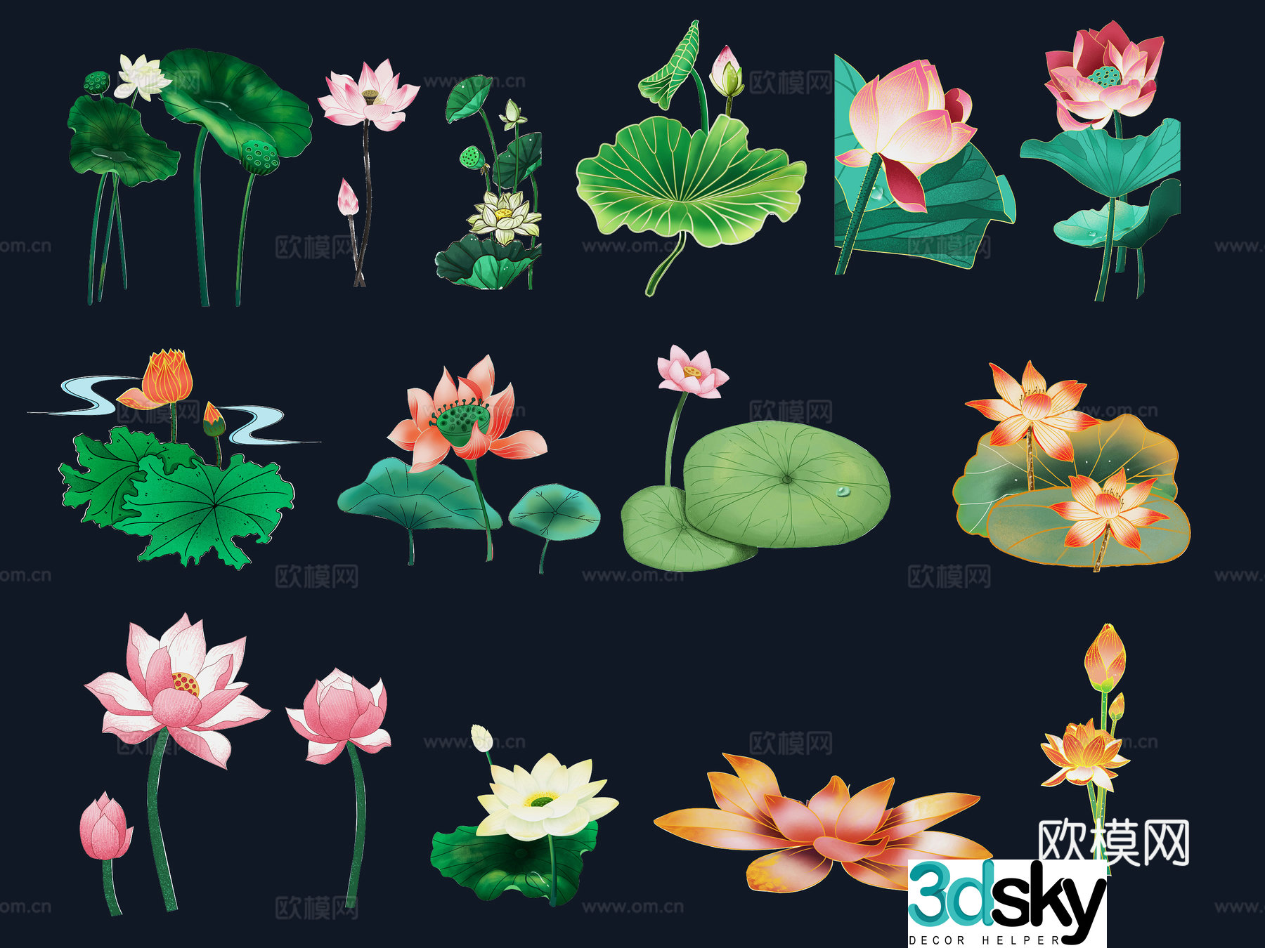 National tide carving plant silhouette lotus lotus leaves flowers national style carp fish 3d model