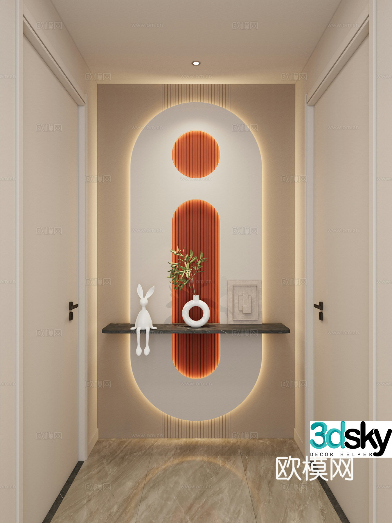 Cream Simple Style Arc Lighting Grille Corridor End View Entrance Entrance 3D Model