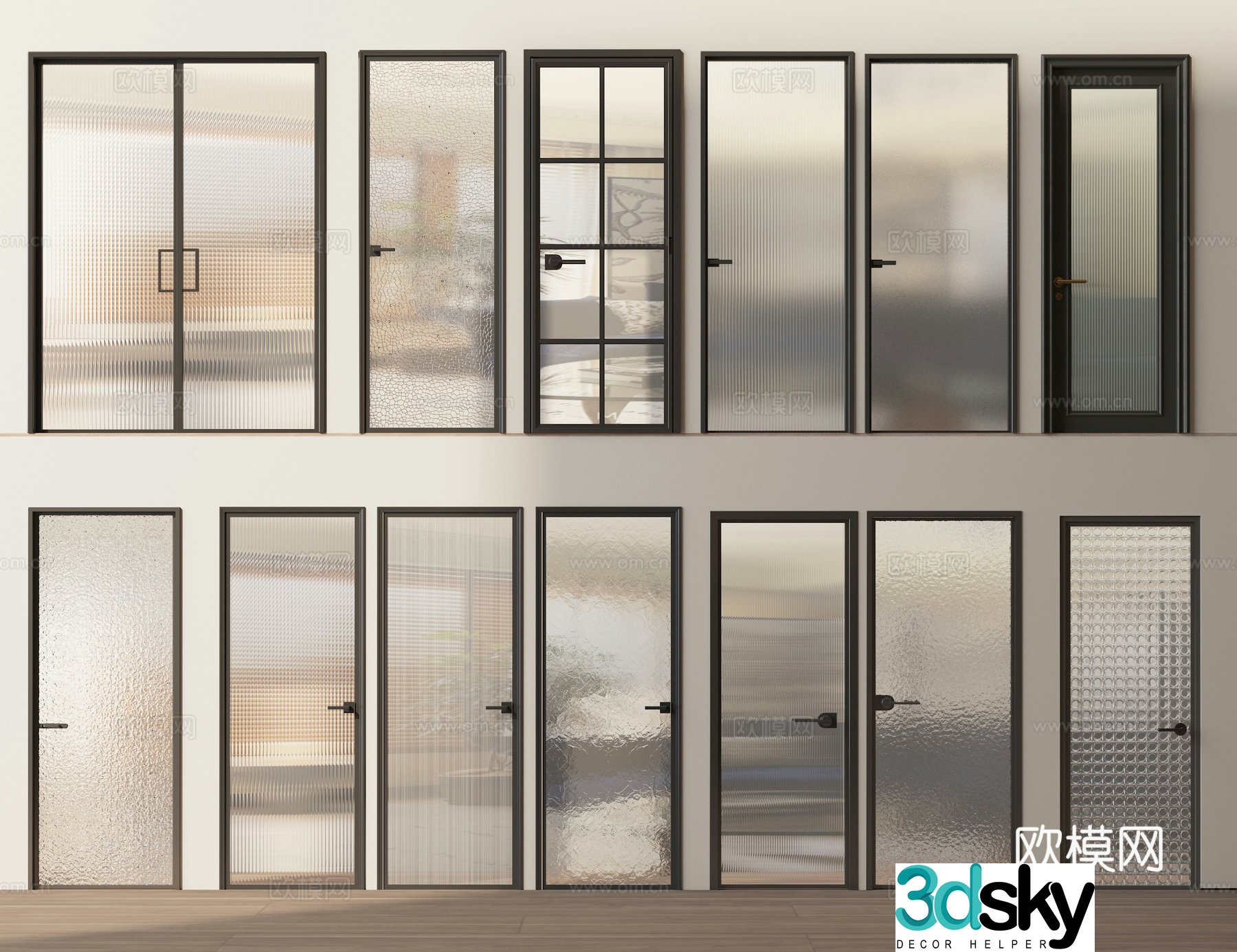 Glass door sliding door bathroom door frosted glass door 3d model