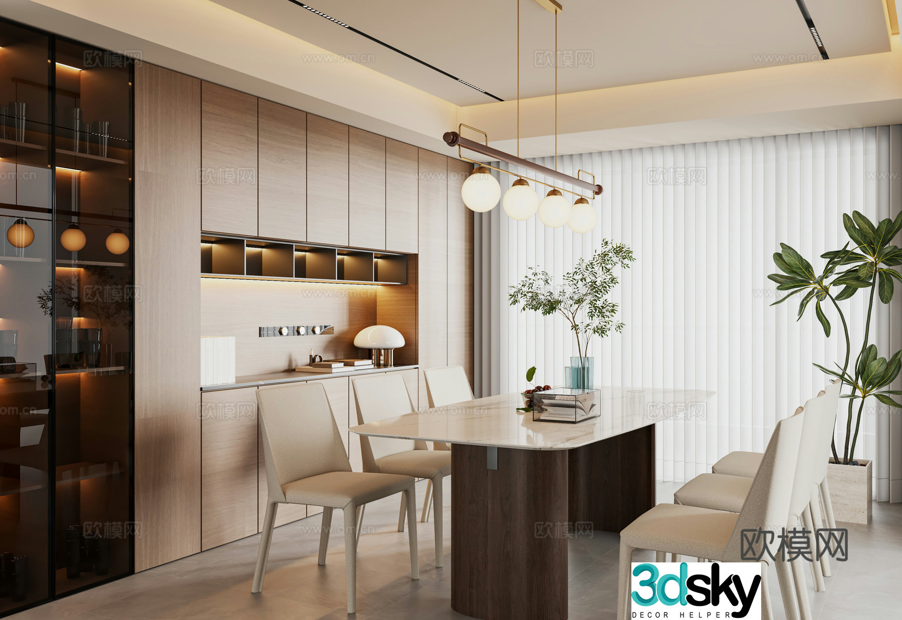 Middle-aged restaurant sideboard dining table and chair combination chandelier green plant potted 3D model