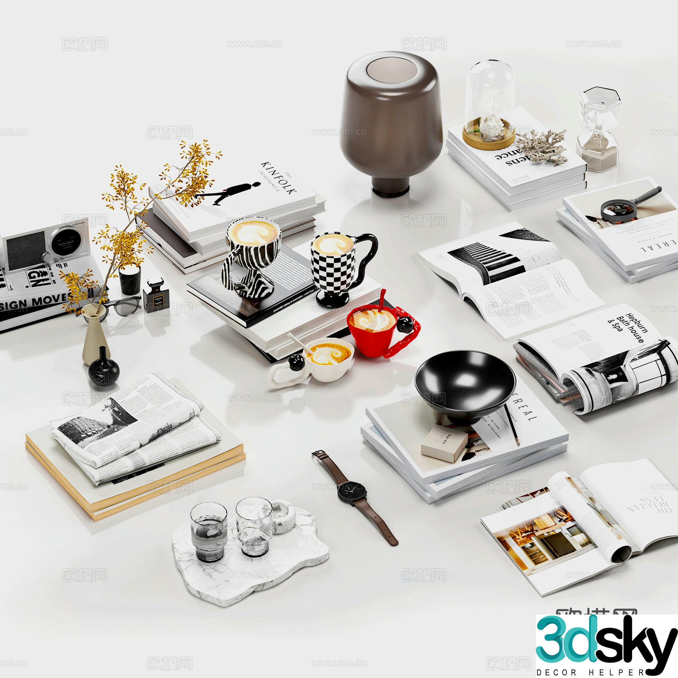 Modern book combinations Books and newspapers Expand books Mug Desktop ornaments Table lamp 3D model