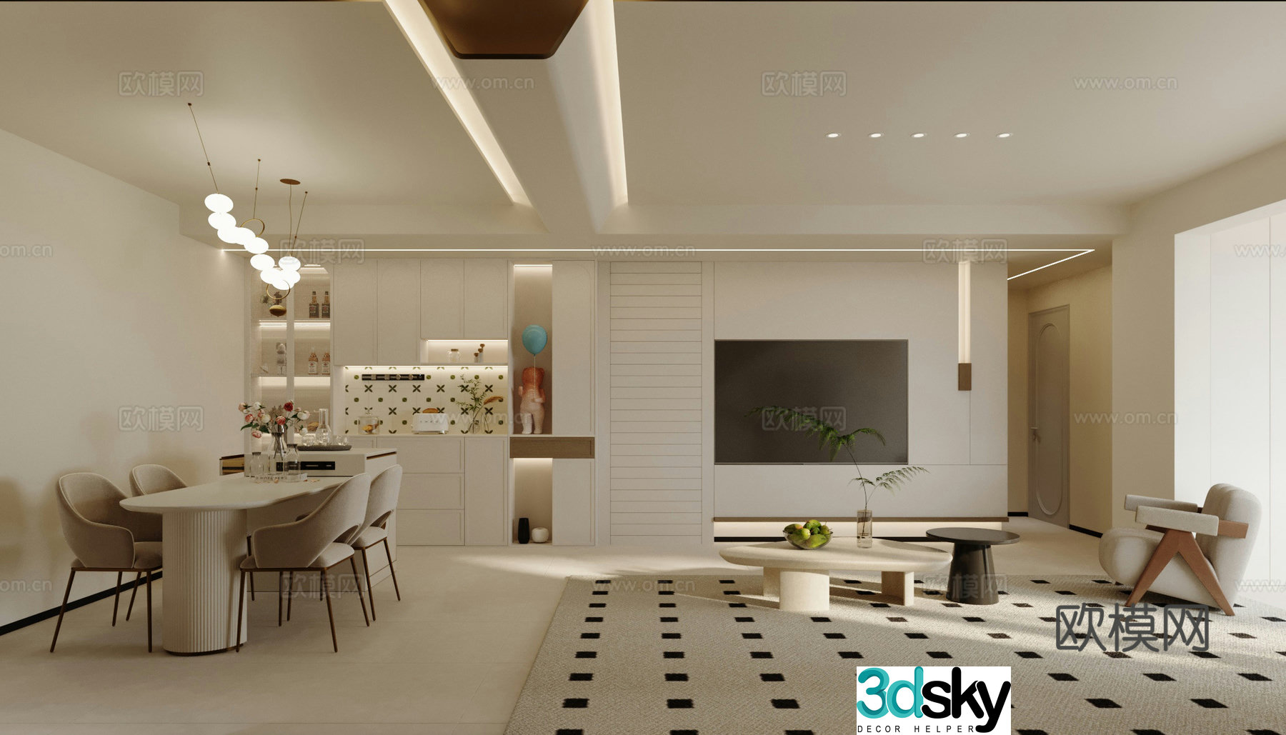 Modern Cream Style Restaurant 3D Model
