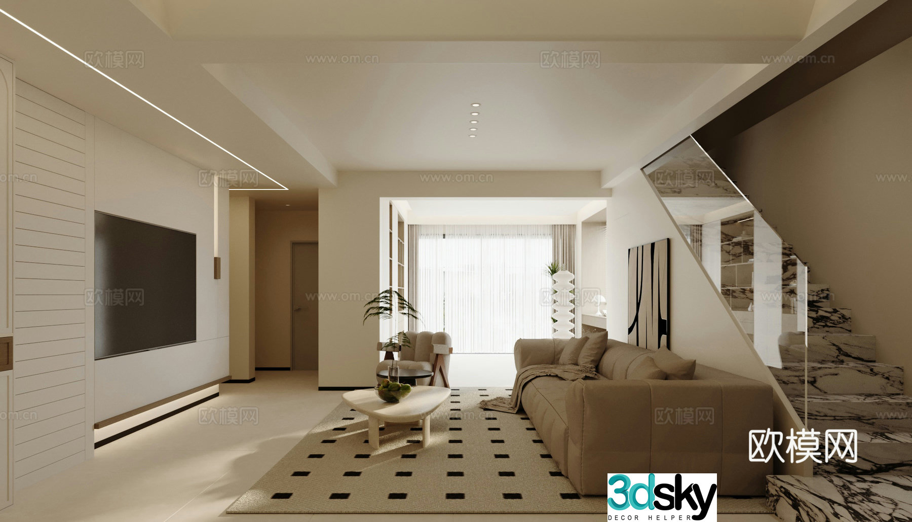 Modern Creamy Living Room 3D Model