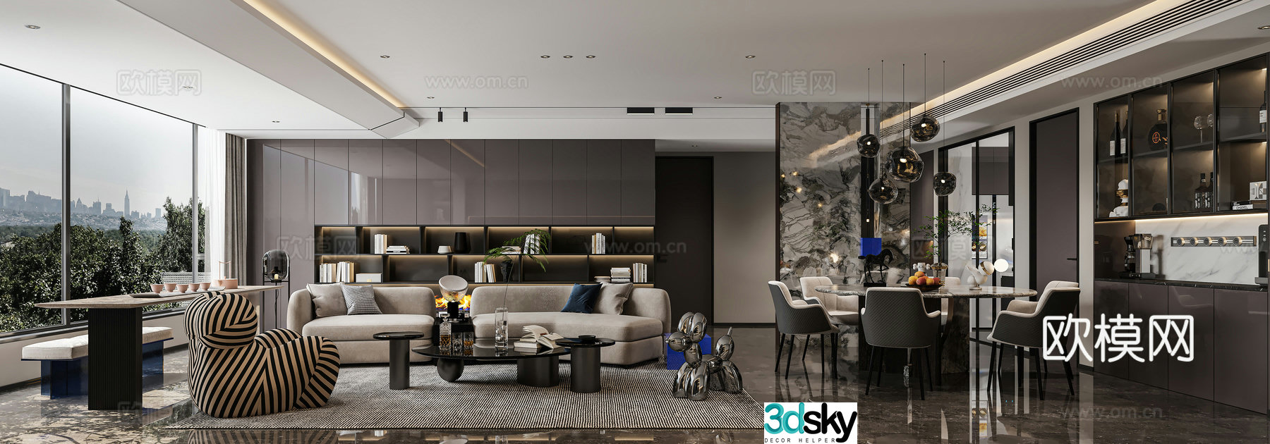 Modern living and dining room 3d model