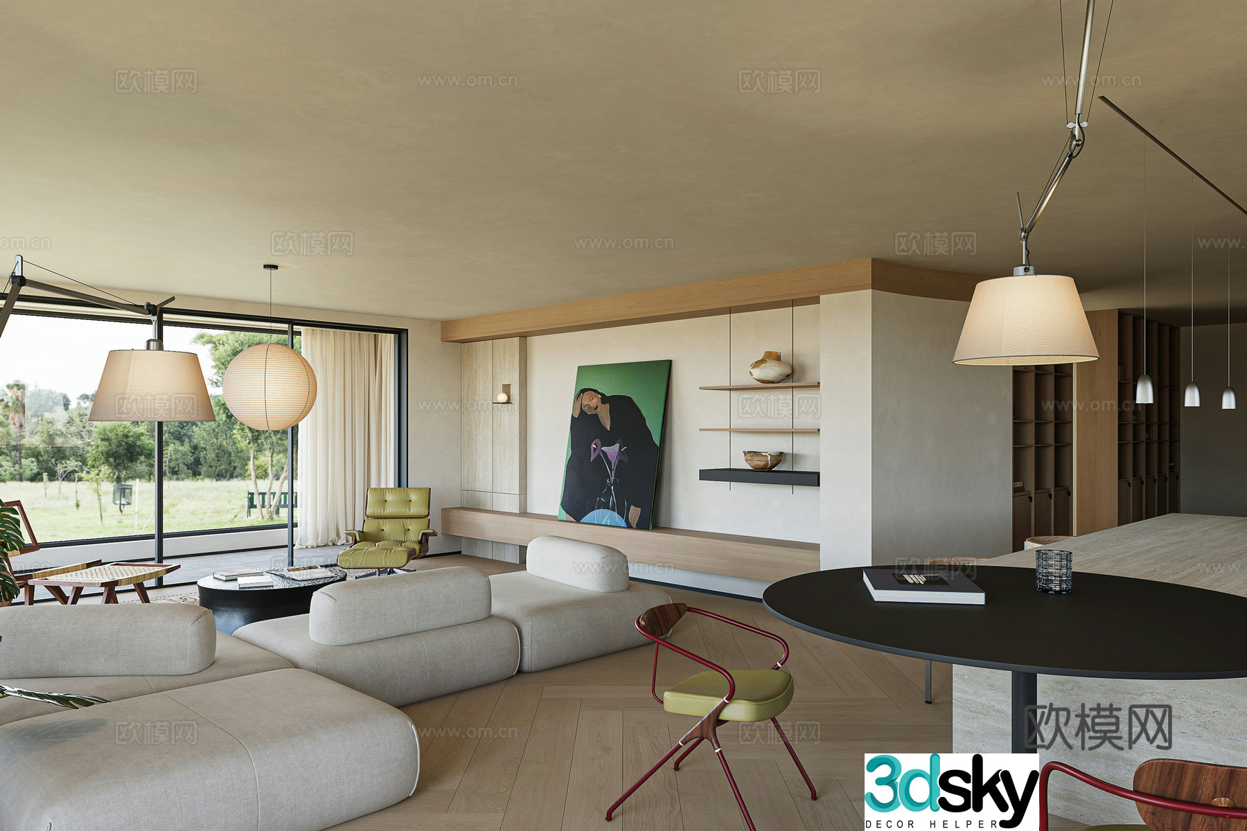 Modern living and dining room 3d model