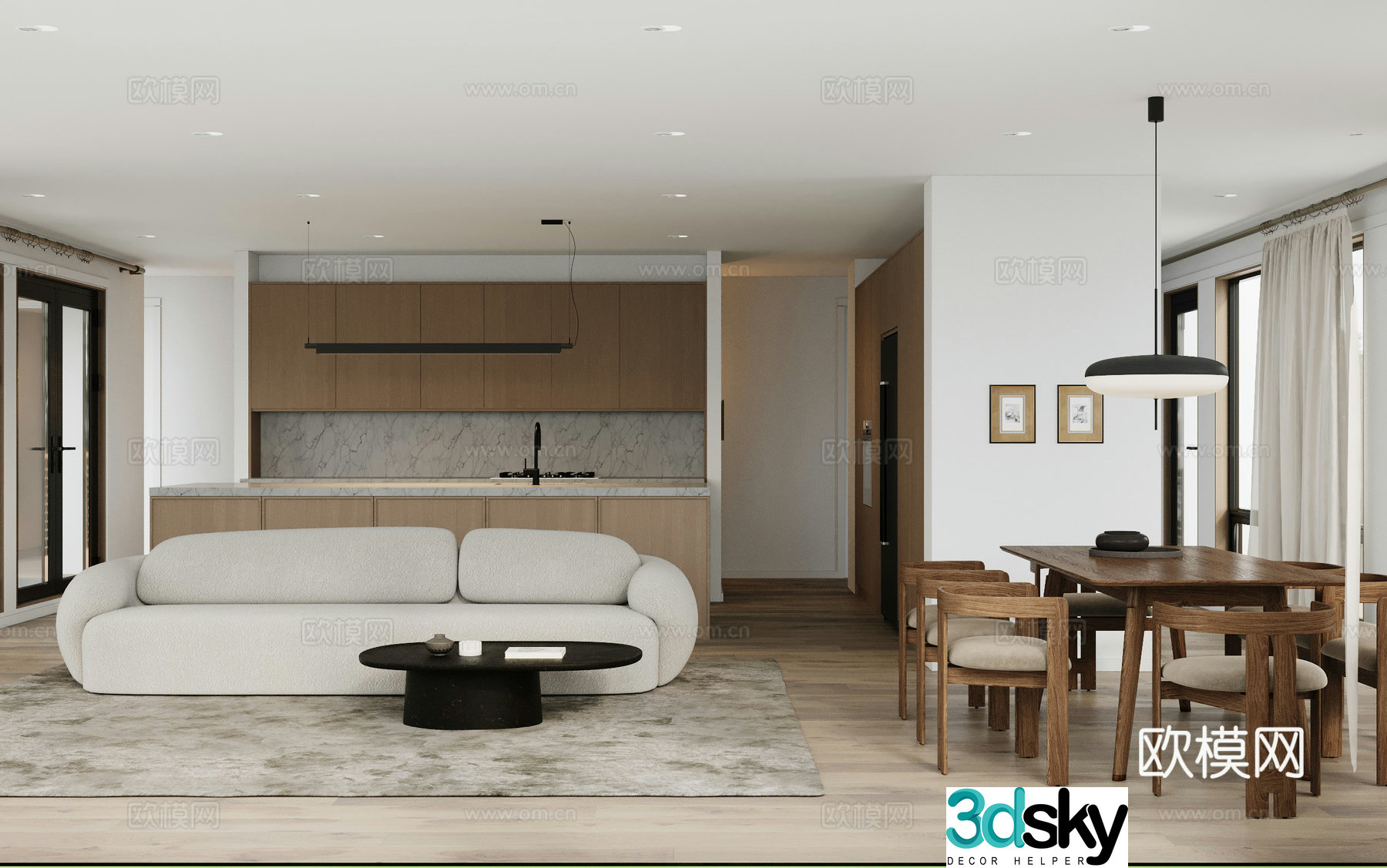 Modern living and dining room 3d model