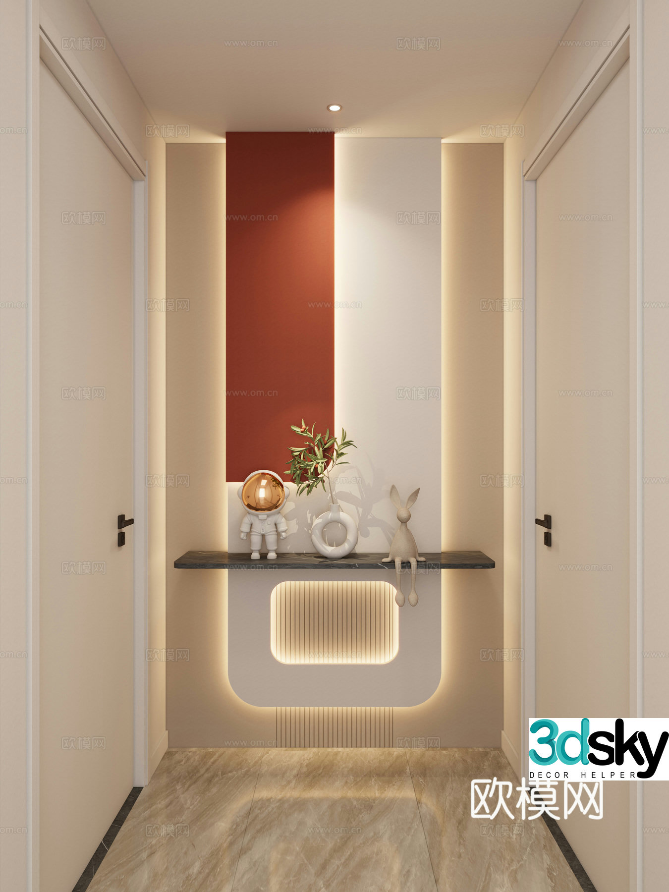 Cream Simple Style Arc Lighting Grille Corridor End View Entrance Entrance 3D Model