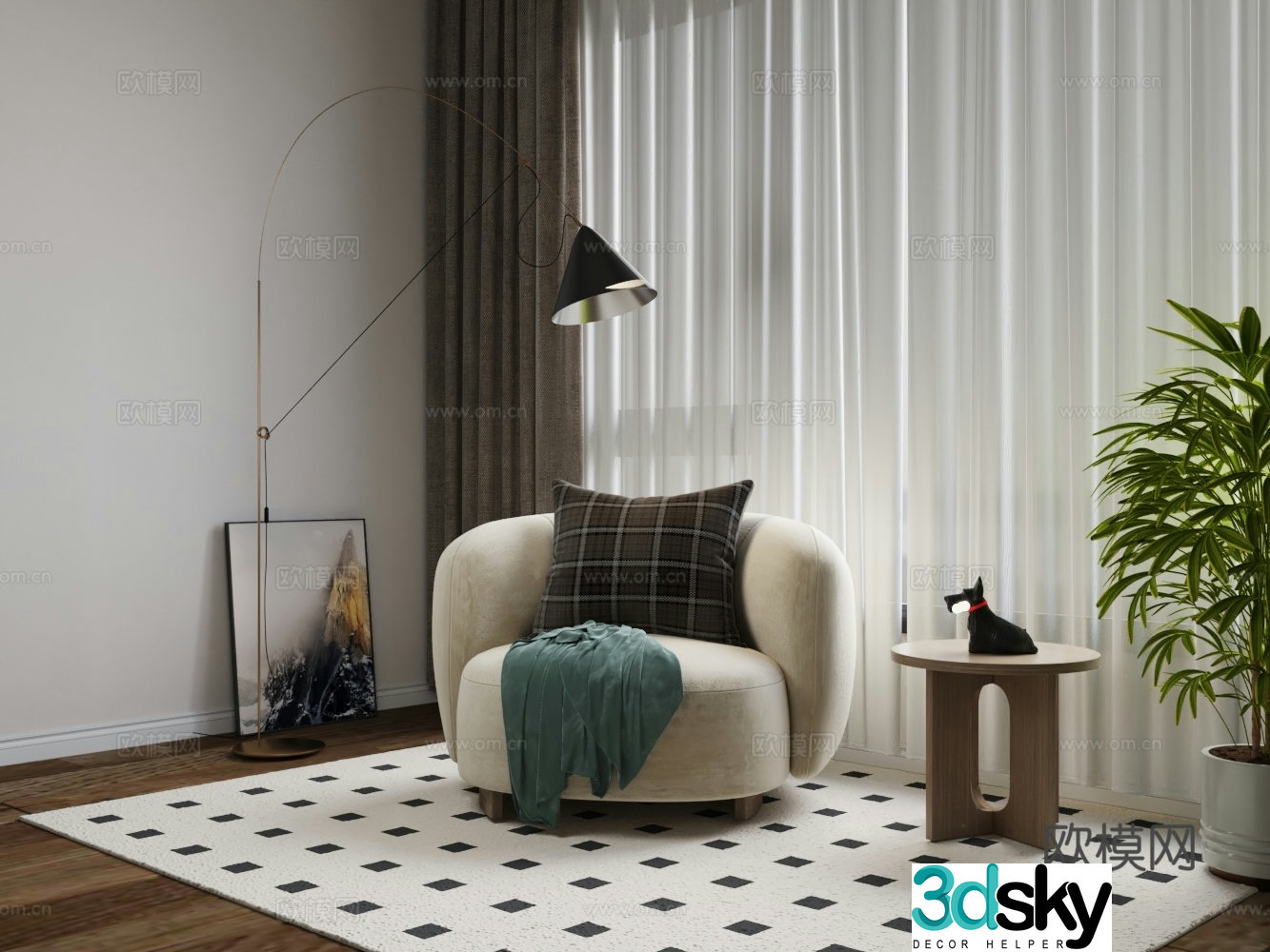 Modern velvet single sofa coffee table combination 3D model