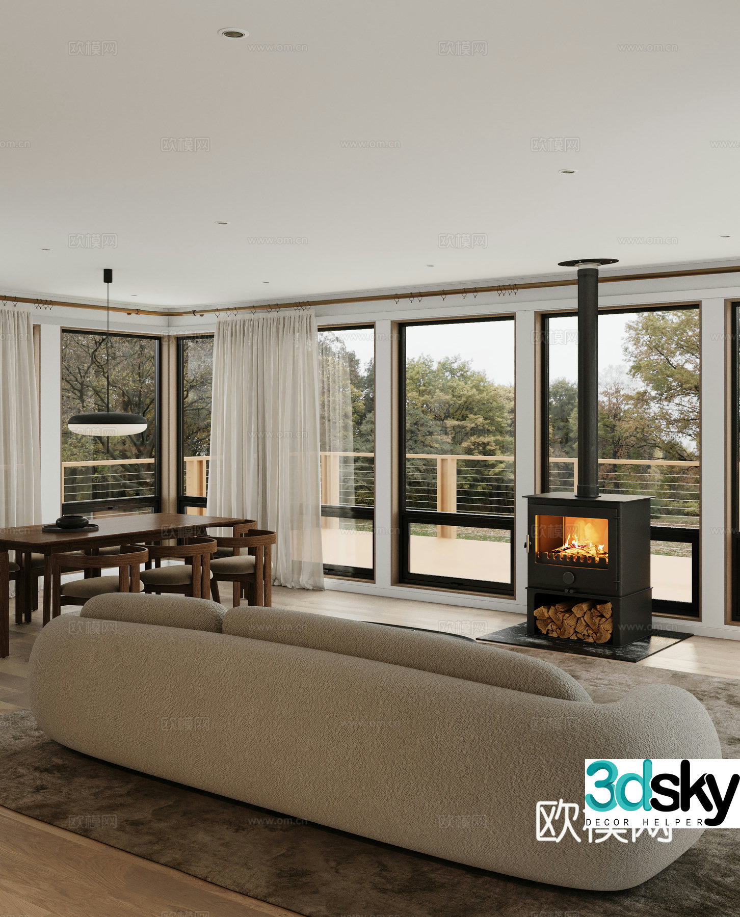 Modern living and dining room 3d model