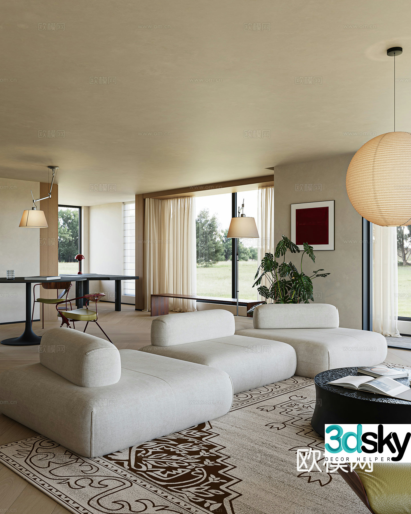 Modern living and dining room 3d model
