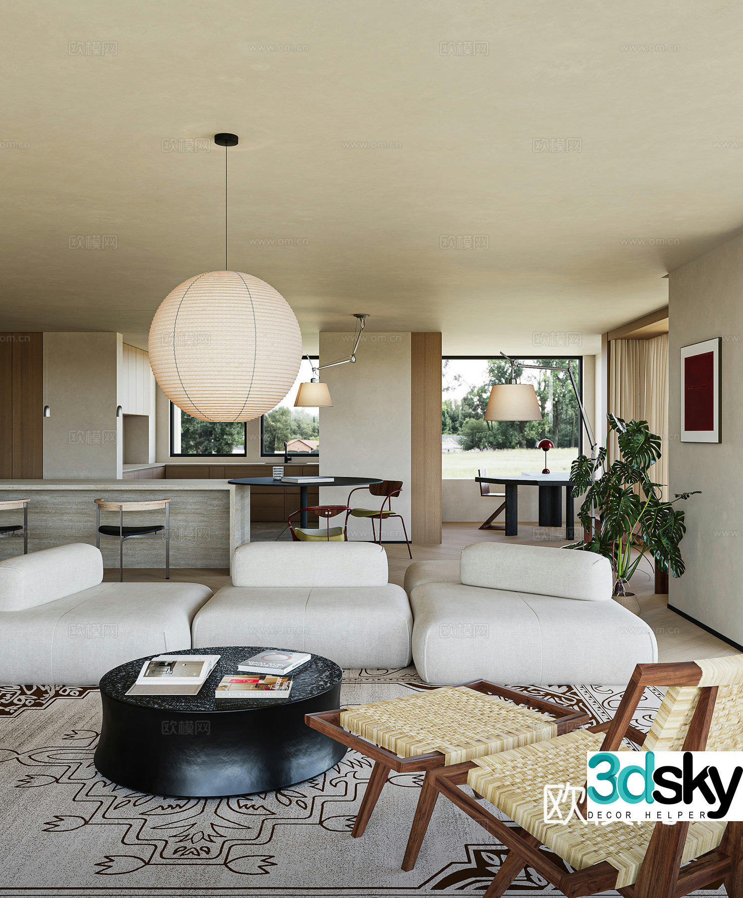 Modern living and dining room 3d model