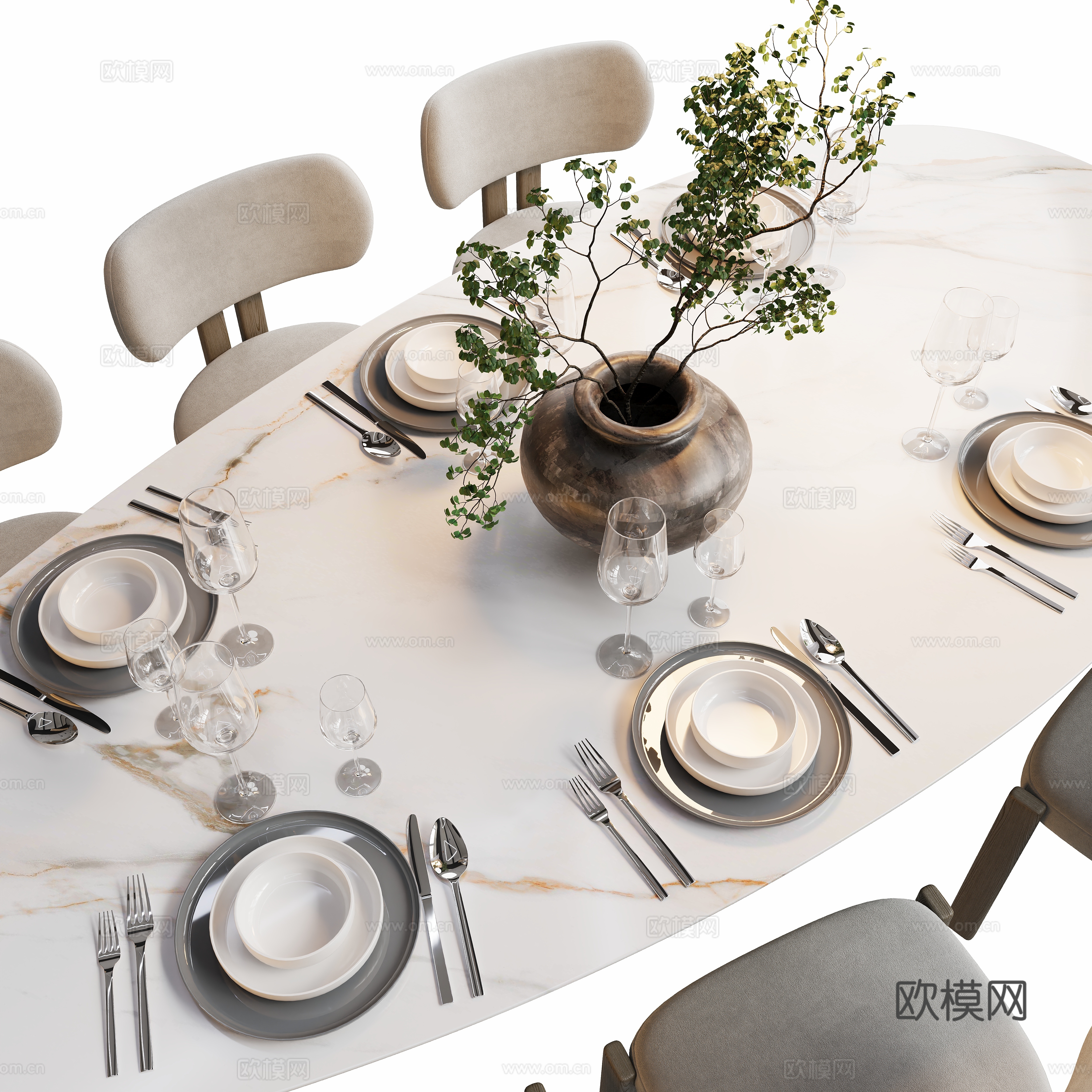 Modern cream style dining table and chair combination 3D model