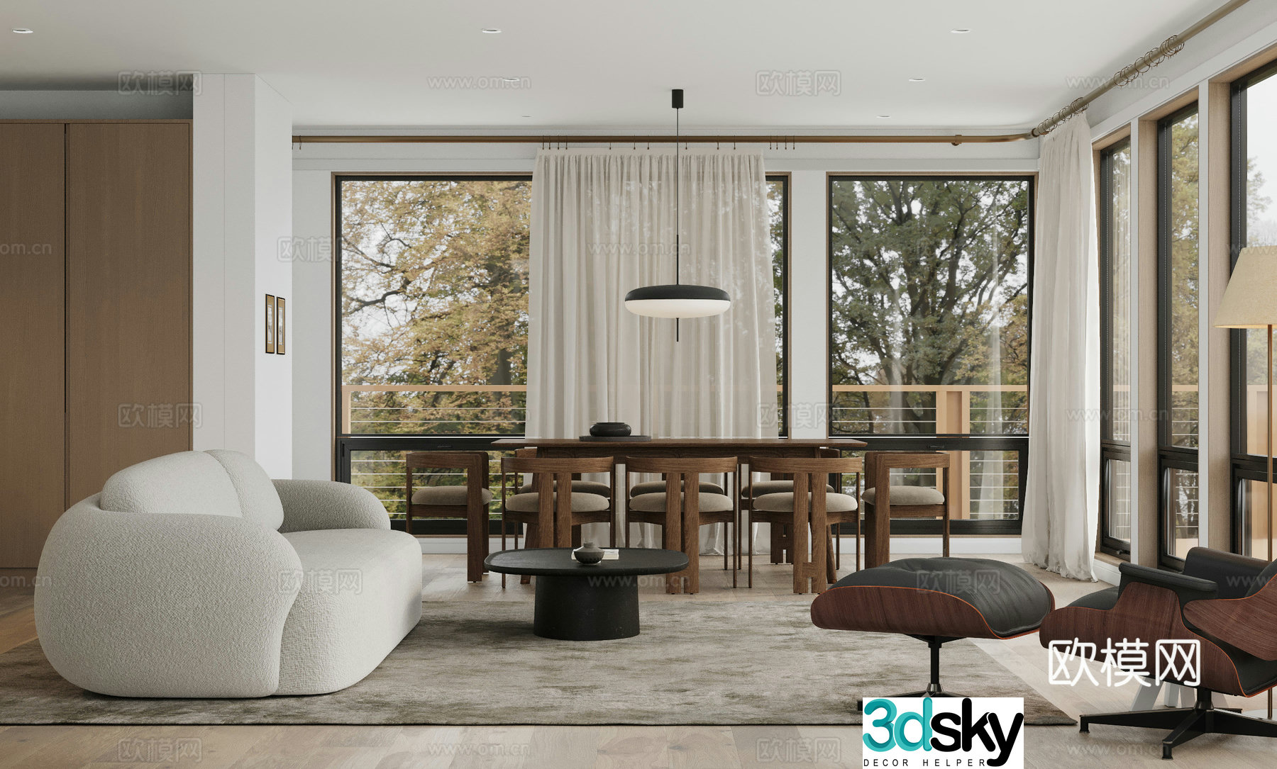 Modern living and dining room 3d model