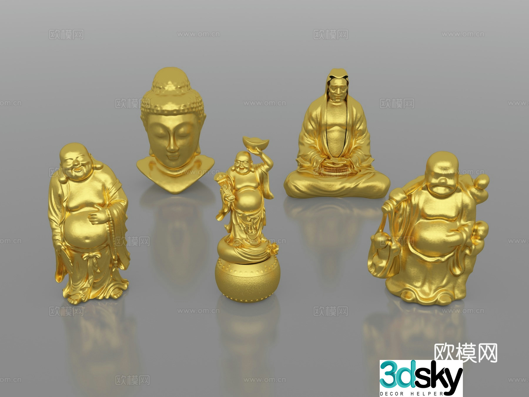 Golden Buddha statue combination Buddha head Maitreya Buddha sculpture statue 3d model