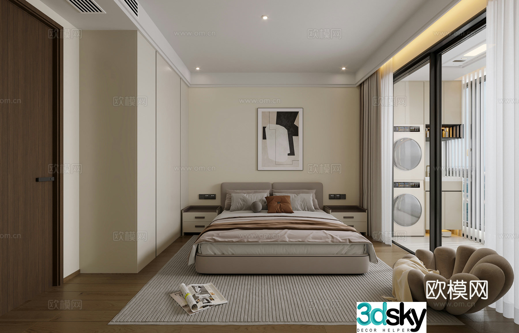 Modern simple home bedroom Modern simple bedroom Elderly room Balcony washing machine cabinet Elderly room 3D model
