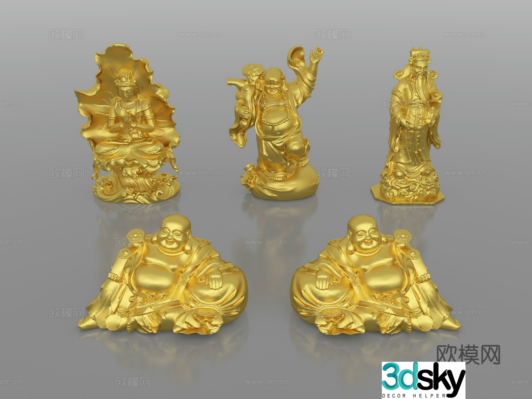 Golden Buddha statue combination Guanyin statue sculpture statue ornament ornament Buddha statue 3d model
