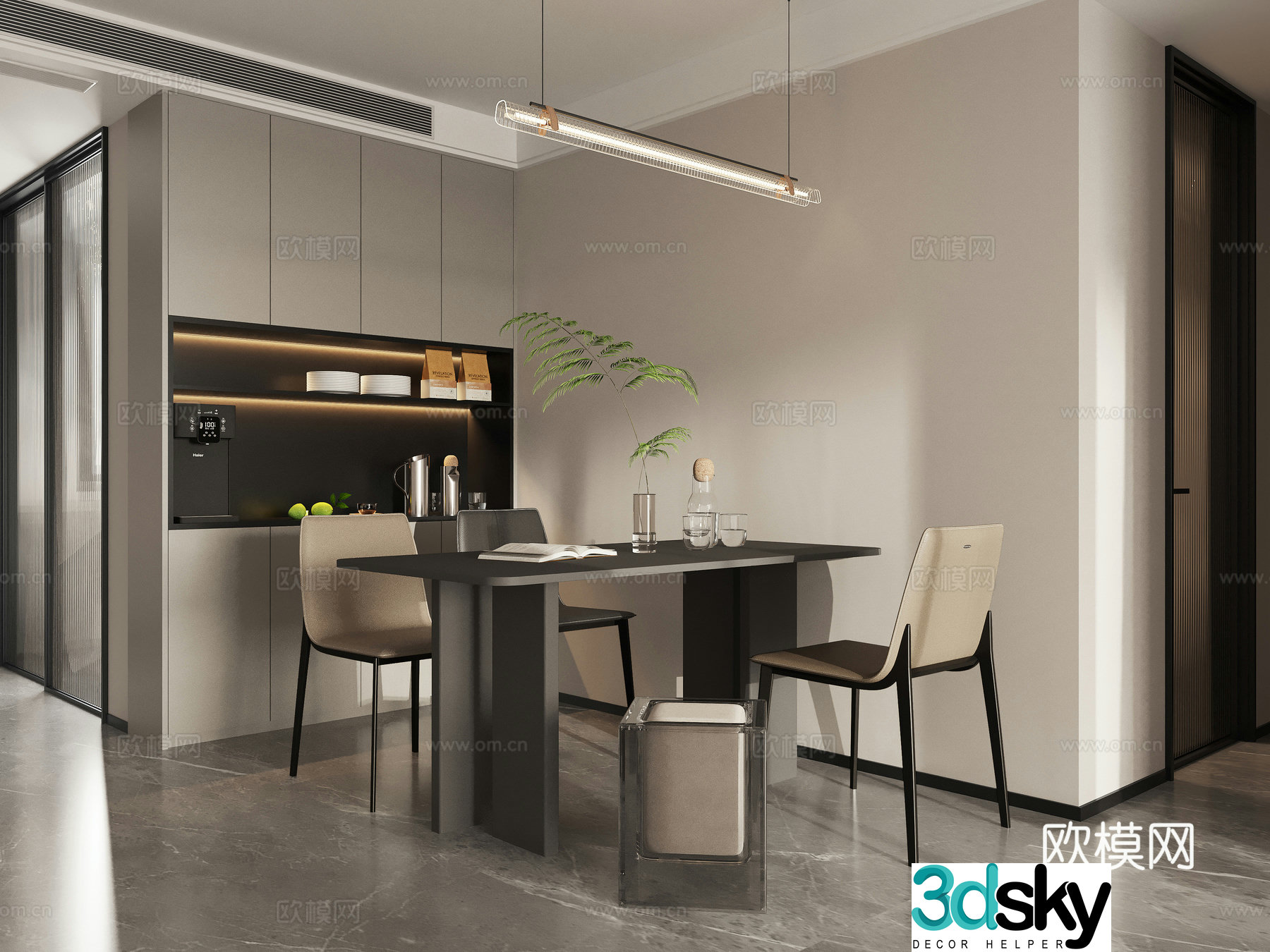 Modern high-end gray restaurant dining table and chair 3d model