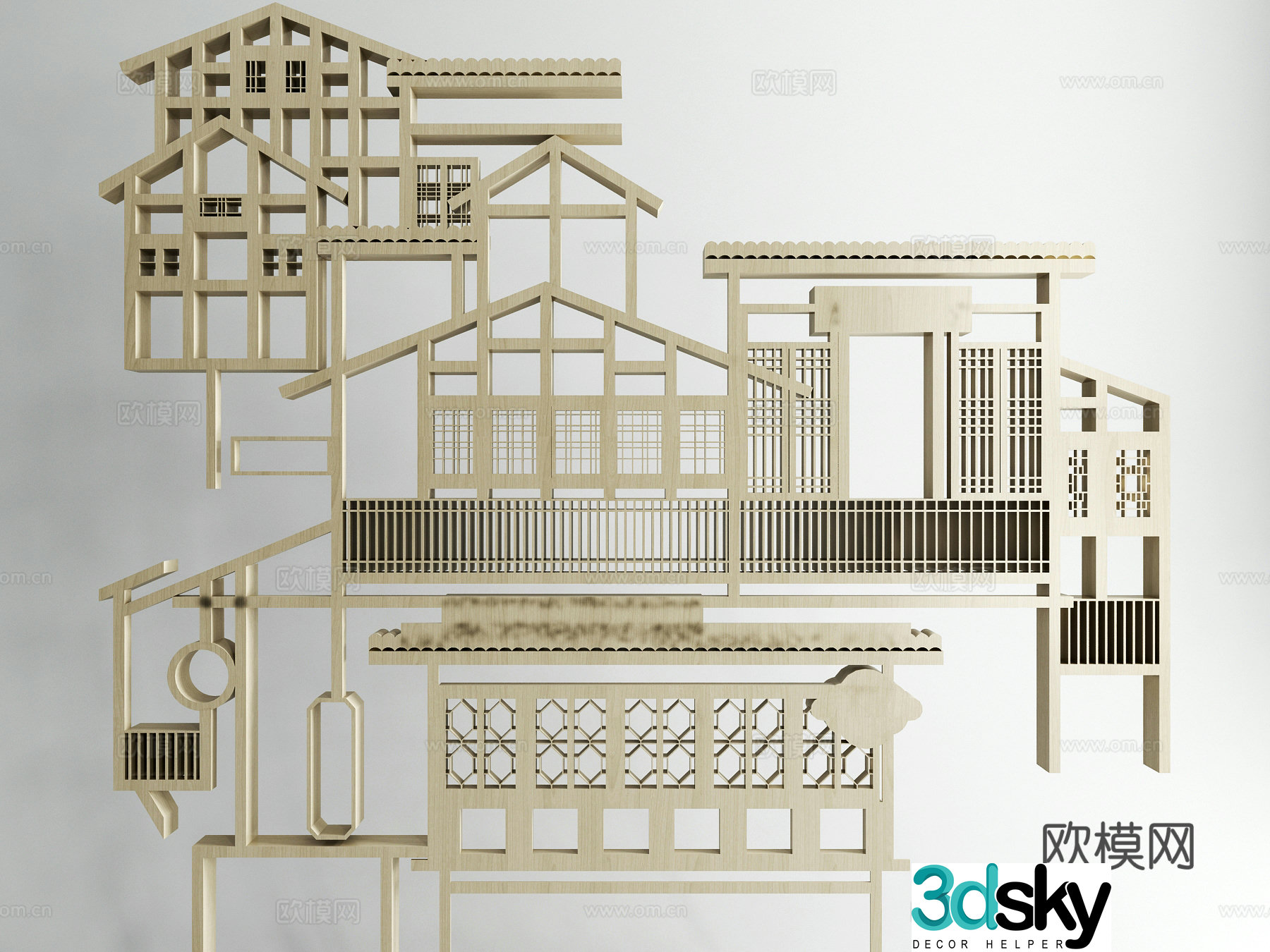 Chinese wooden eaves beam frame grating 3D model