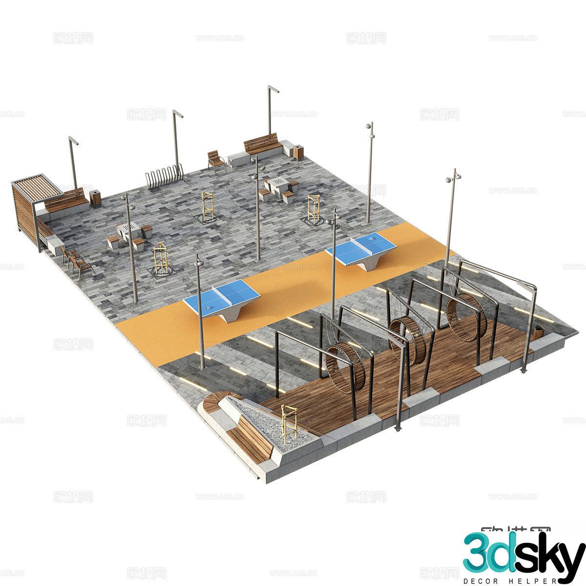 Modern adult outdoor fitness area 3d model