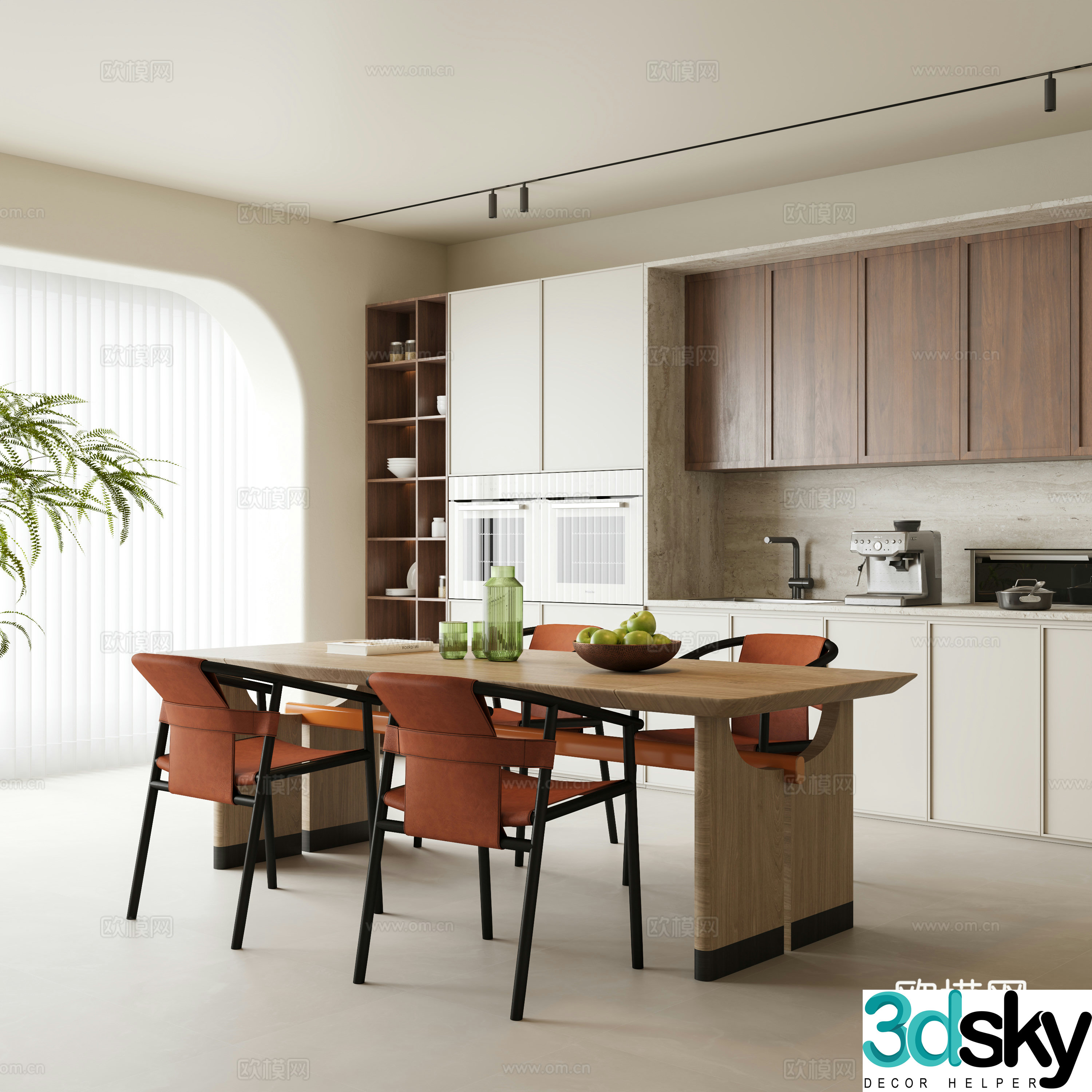 Modern medieval home restaurant solid wood dining table and chair combination wine cabinet one-line shape dreamy plant 3d model
