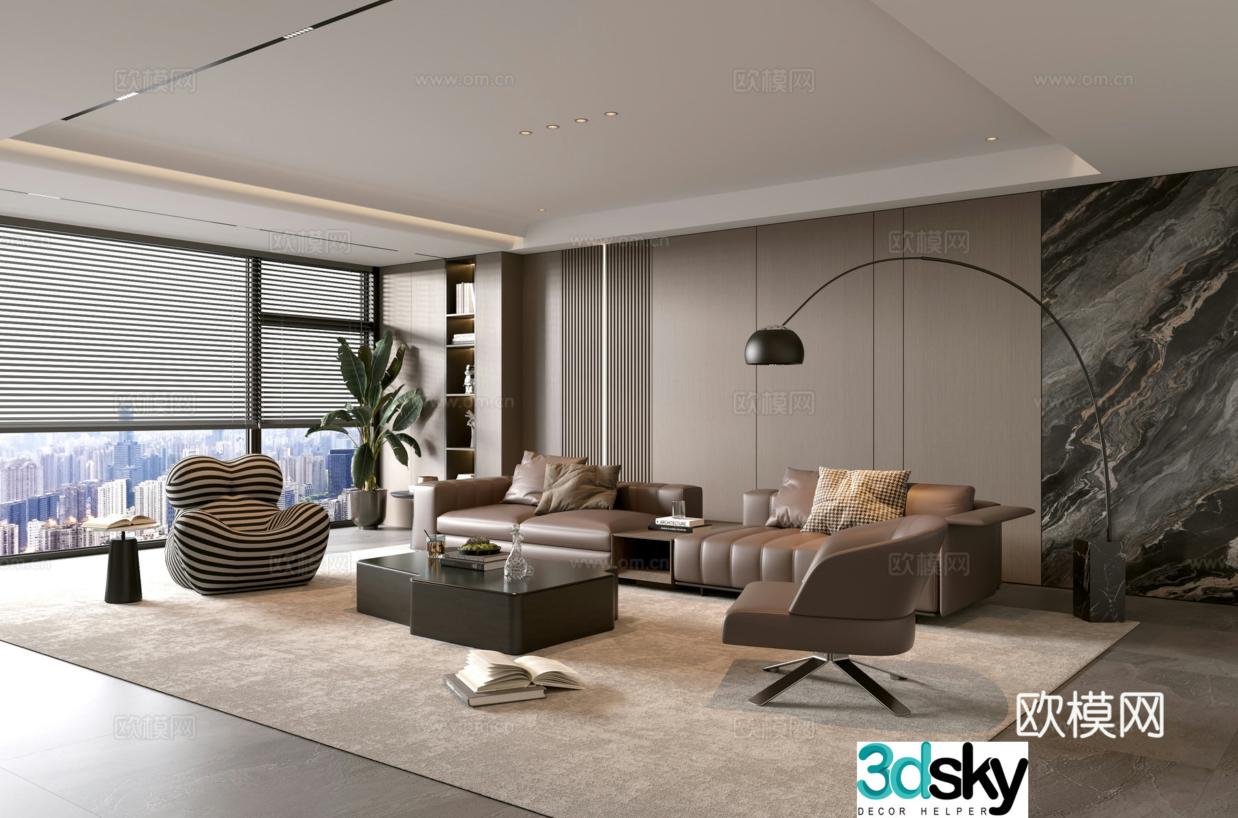 Italian living room sofa coffee table combination leisure chair floor lamp sofa stool decoration hanging painting 3D model