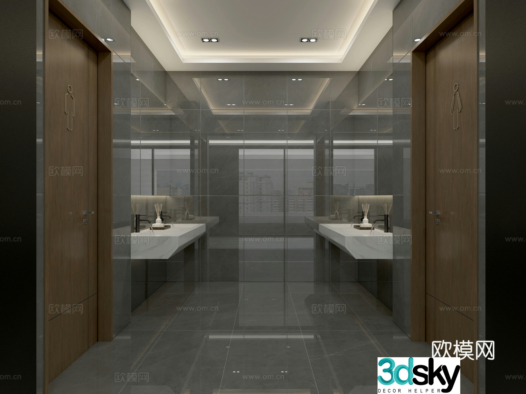 3D model of modern business office area public bathroom