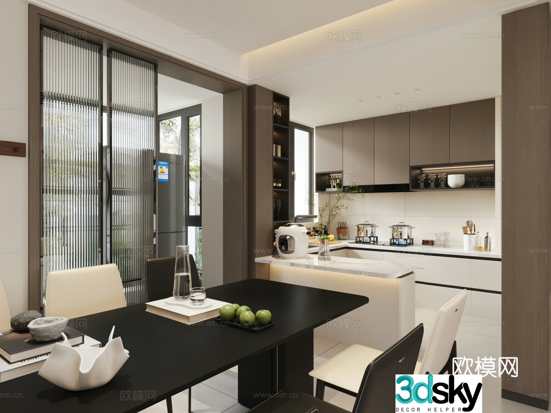Black white and gray open kitchen restaurant 3d model