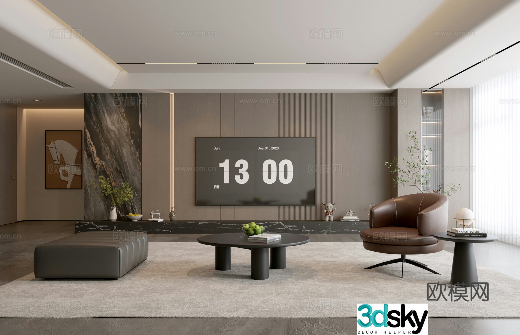 Modern Italian living room light luxury sofa coffee table combination sofa background wall villa living room 3D model