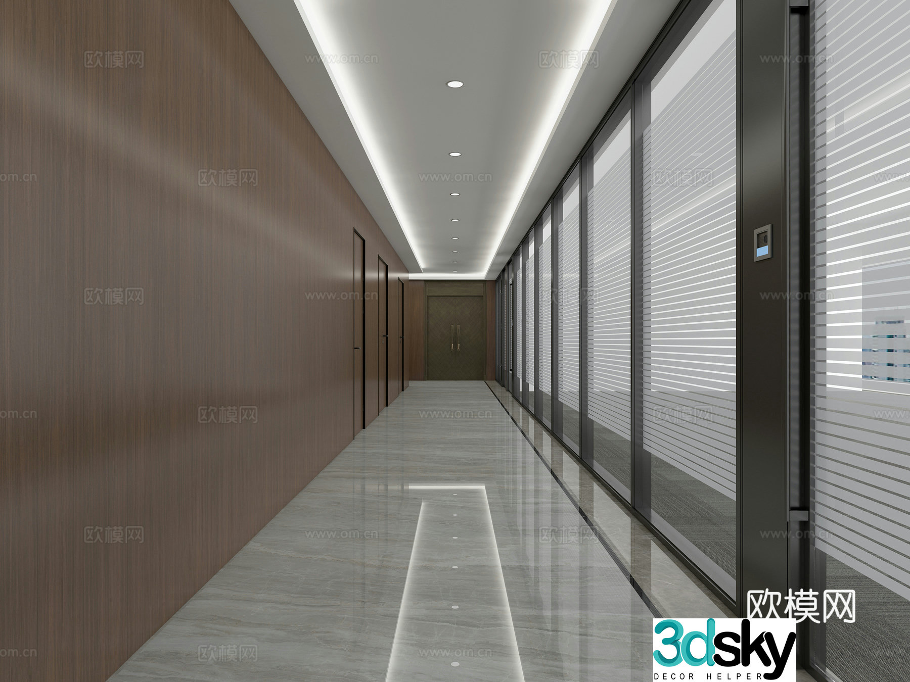 Modern corporate office corridor glass partition access control 3d model
