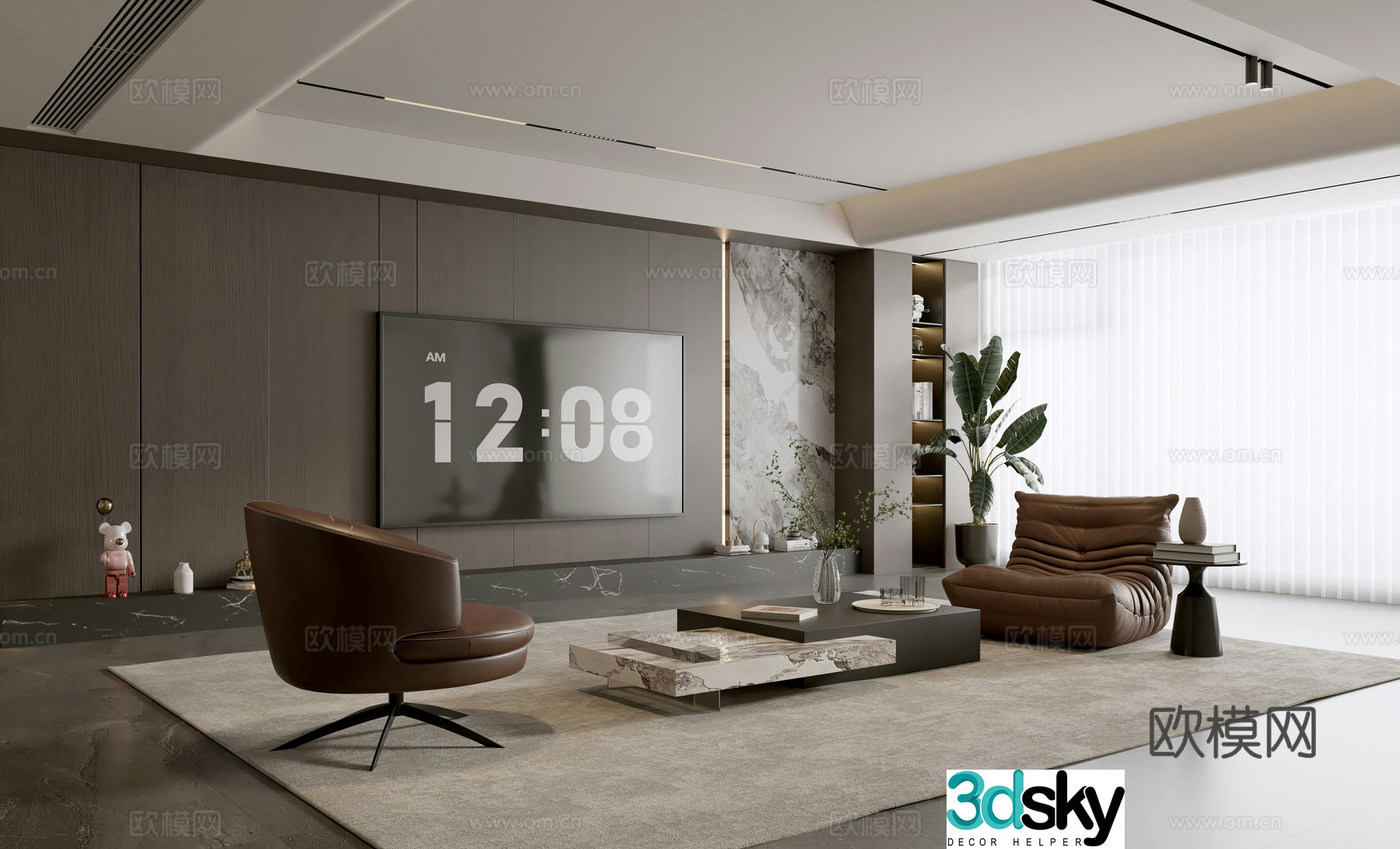 Italian living room sofa coffee table combination leisure chair floor lamp sofa stool decoration hanging painting 3D model