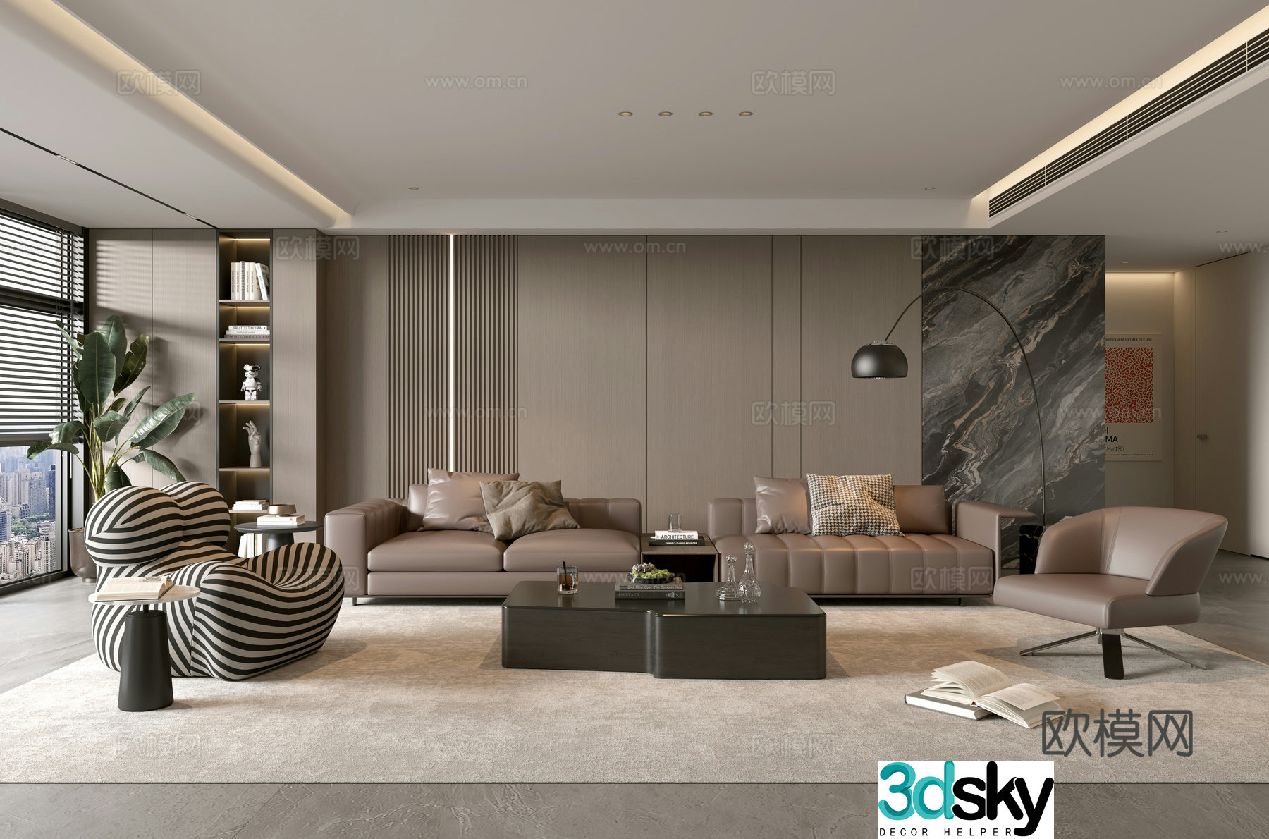 Modern Italian living room light luxury sofa coffee table combination sofa background wall villa living room 3D model