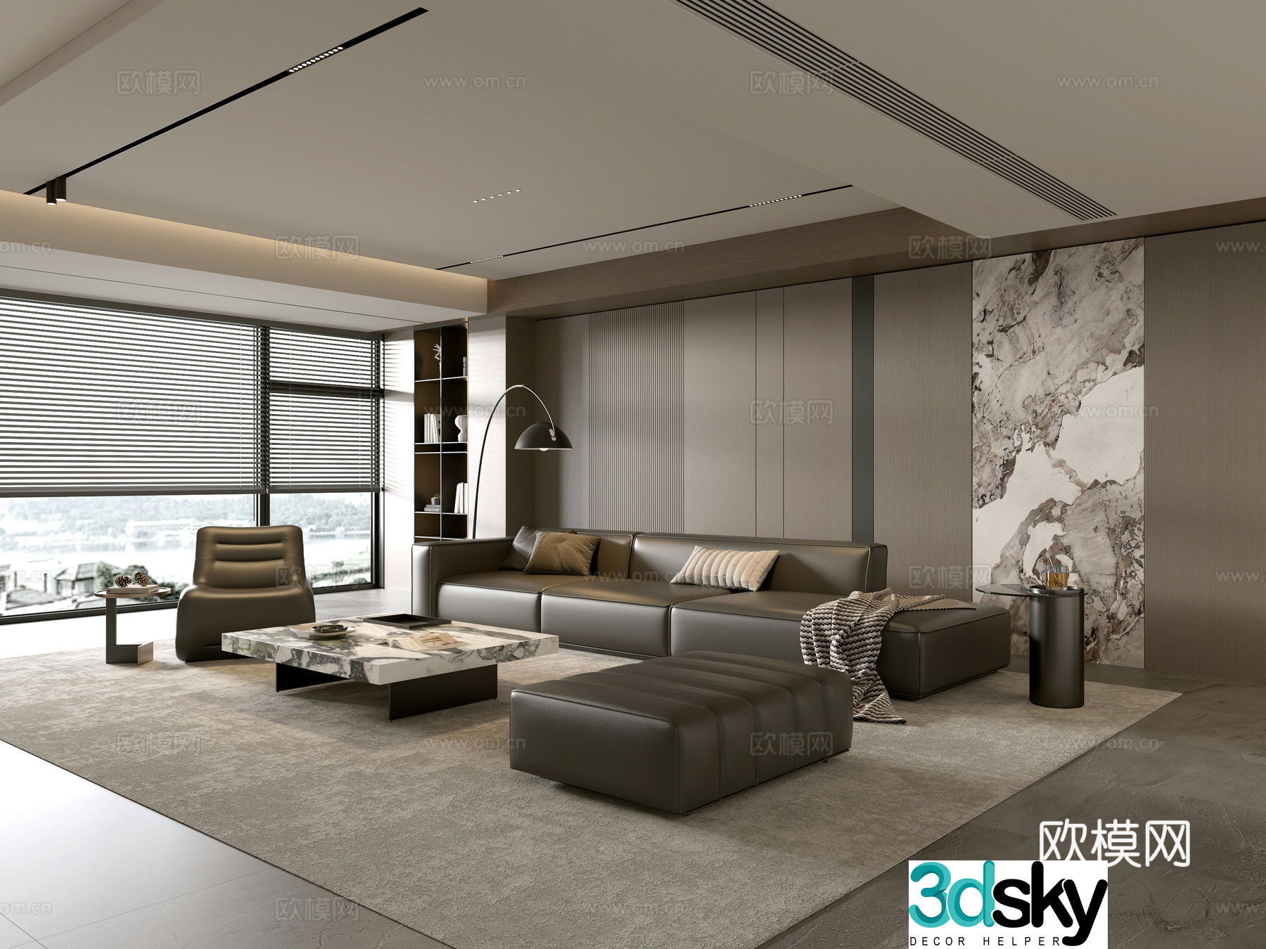 Italian living room sofa coffee table combination leisure chair floor lamp sofa stool decoration hanging painting 3D model