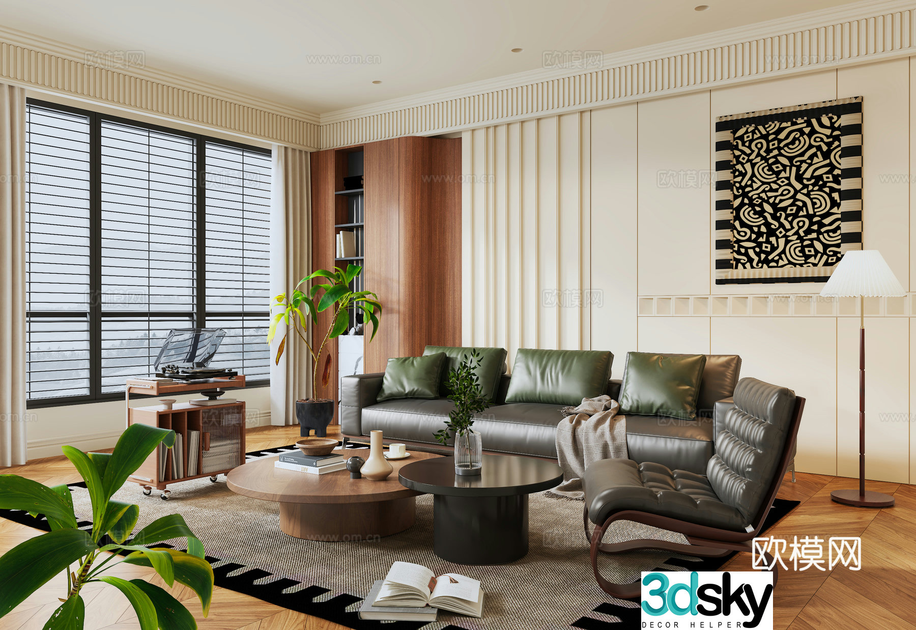 Middle style living room sofa background wall sofa coffee table combination decorative painting potted green plants 3D model