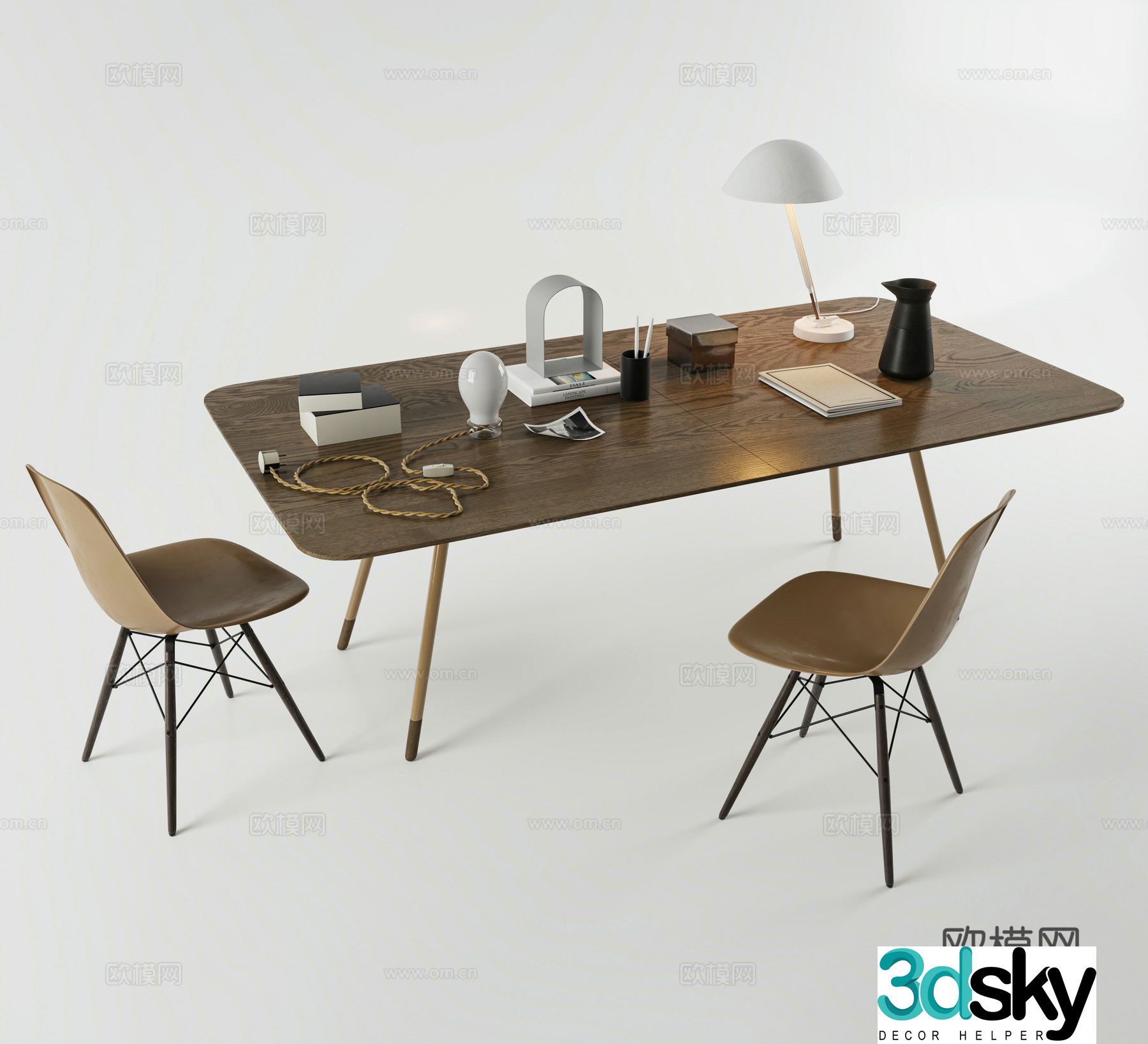 Desk Writing desk Worker desk lamp Chair 3d model