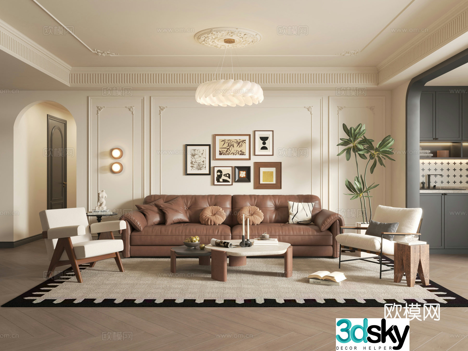 French medieval home living room_sofa coffee table combination_leather sofa_French hanging painting_French chandelier 3D model