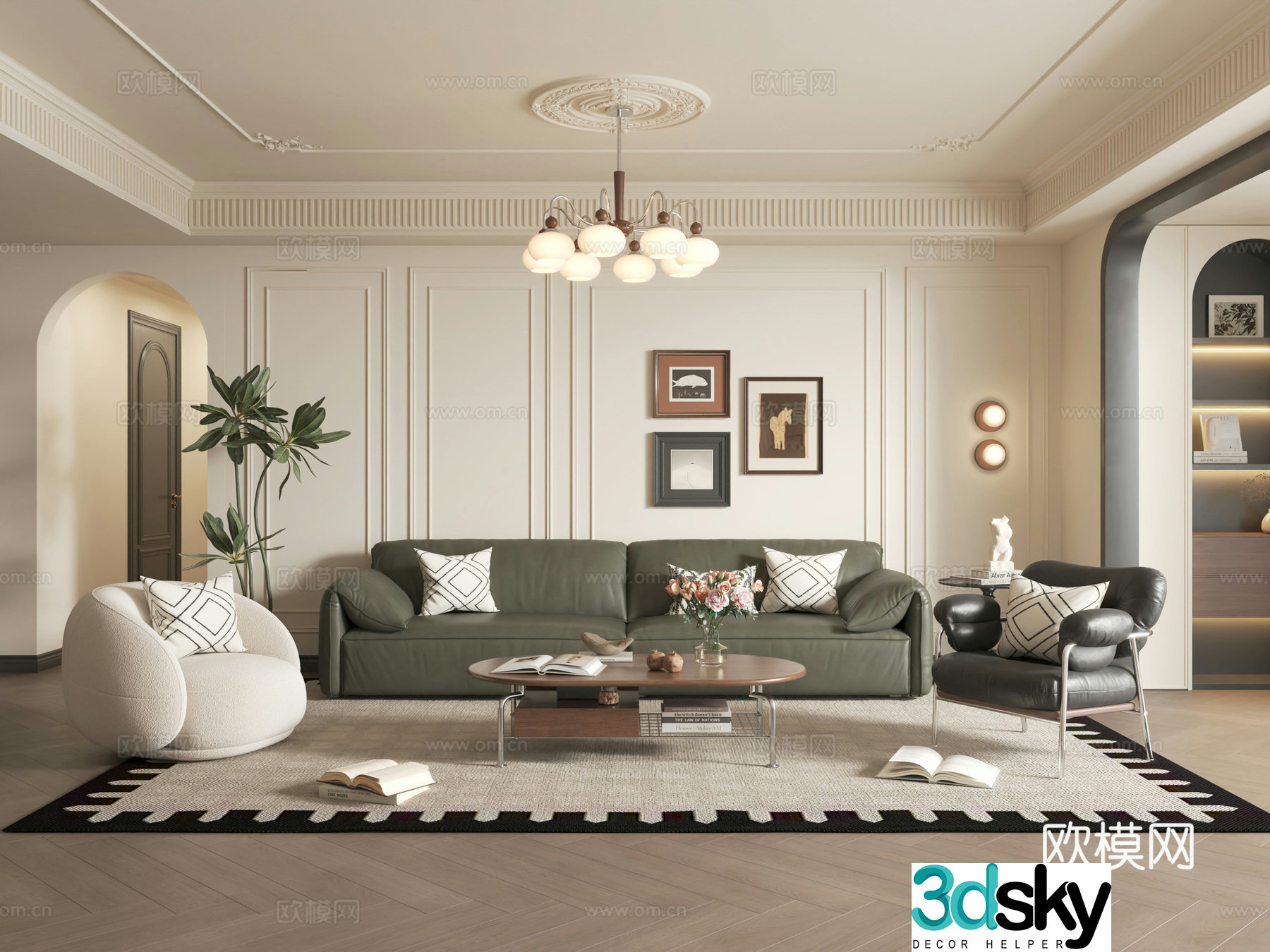 French medieval home living room_sofa coffee table combination_leather sofa_sofa background wall 3D model