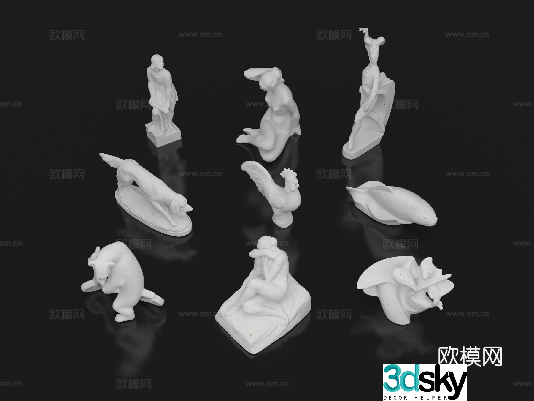 Plaster statue combination woman enough fish bear chicken figure animal statue 3d model