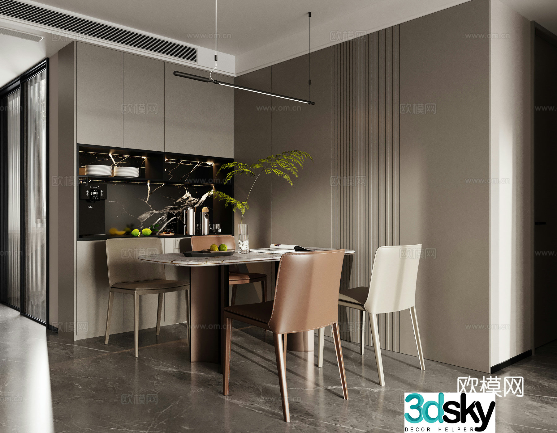 Modern high-end gray restaurant dining table and chair 3d model