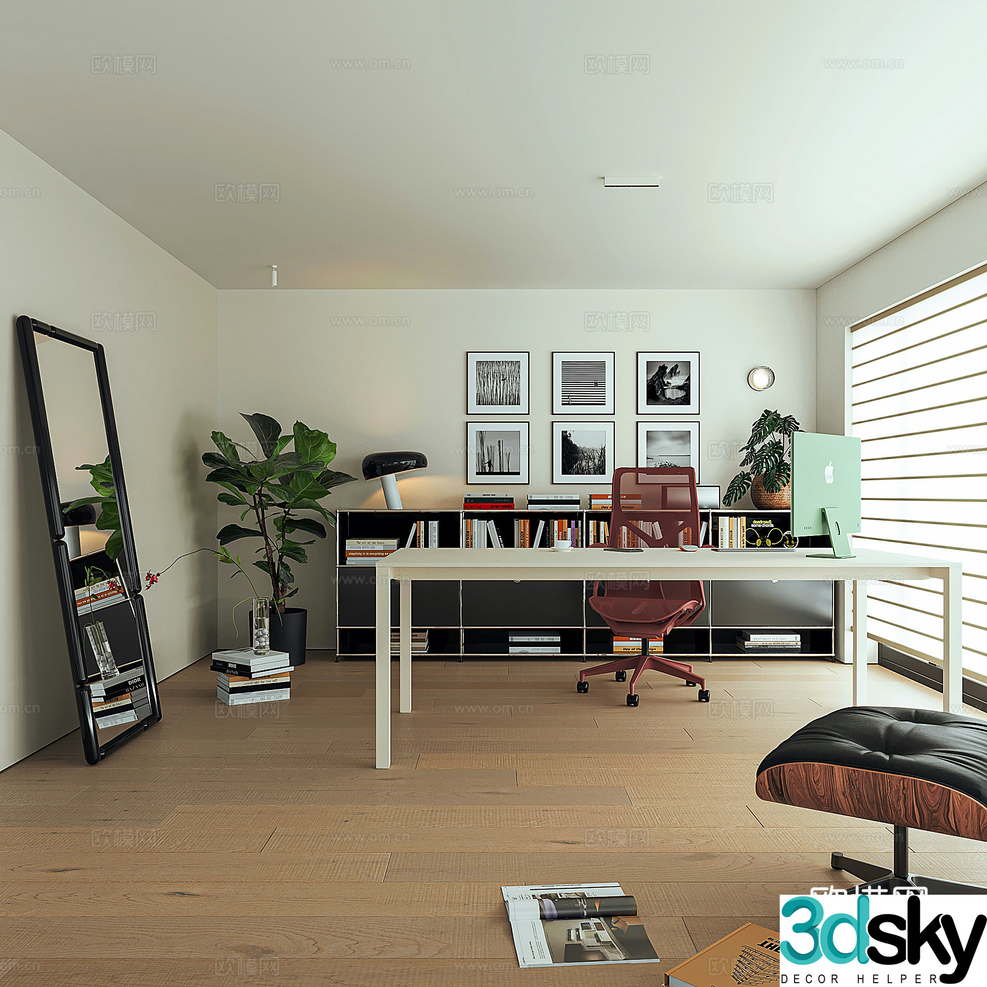 Modern minimalist study Eames lounge chair chieftain chair USM chest of drawers dream curtain dressing mirror 3d model