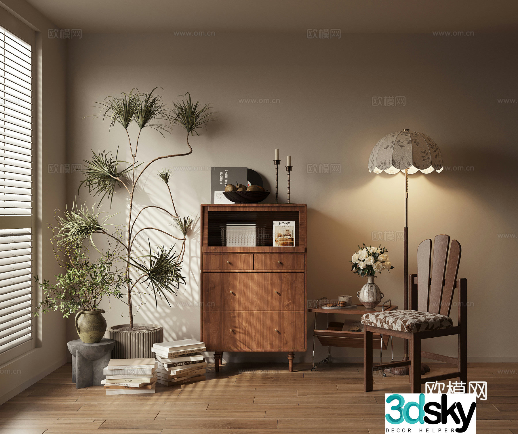Low cabinet chest cabinet decorative cabinet floor lamp single chair ornament potted plant 3D model