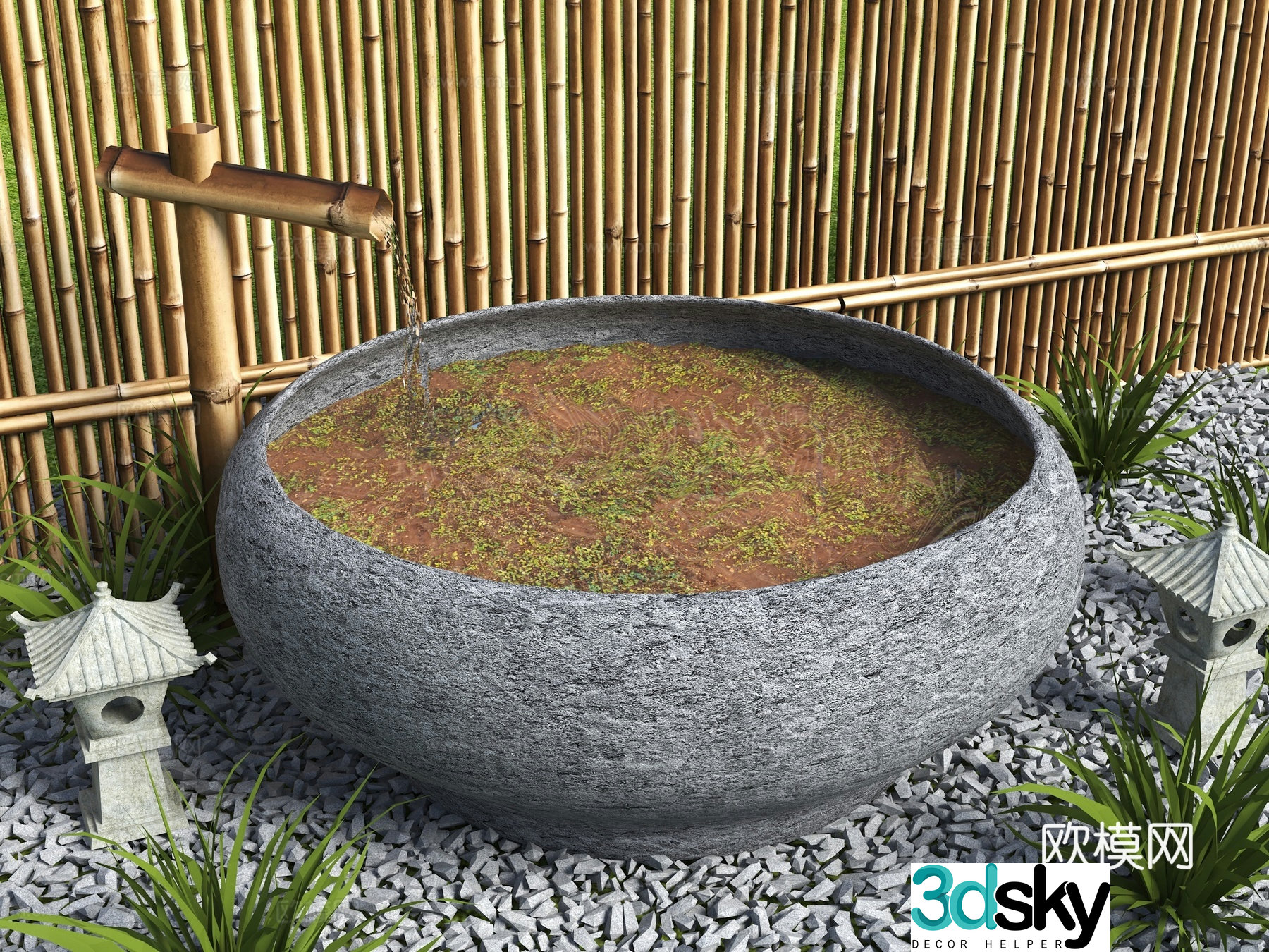 New Chinese waterscape courtyard flowing ornaments stone mortar waterscape landscape sketch stone trough stone mortar 3D model