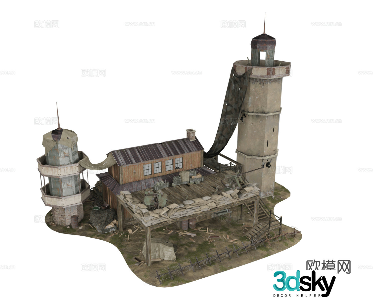 Farmhouse building with tower Defensive position Farmhouse position building Small bunker position Base 3d model