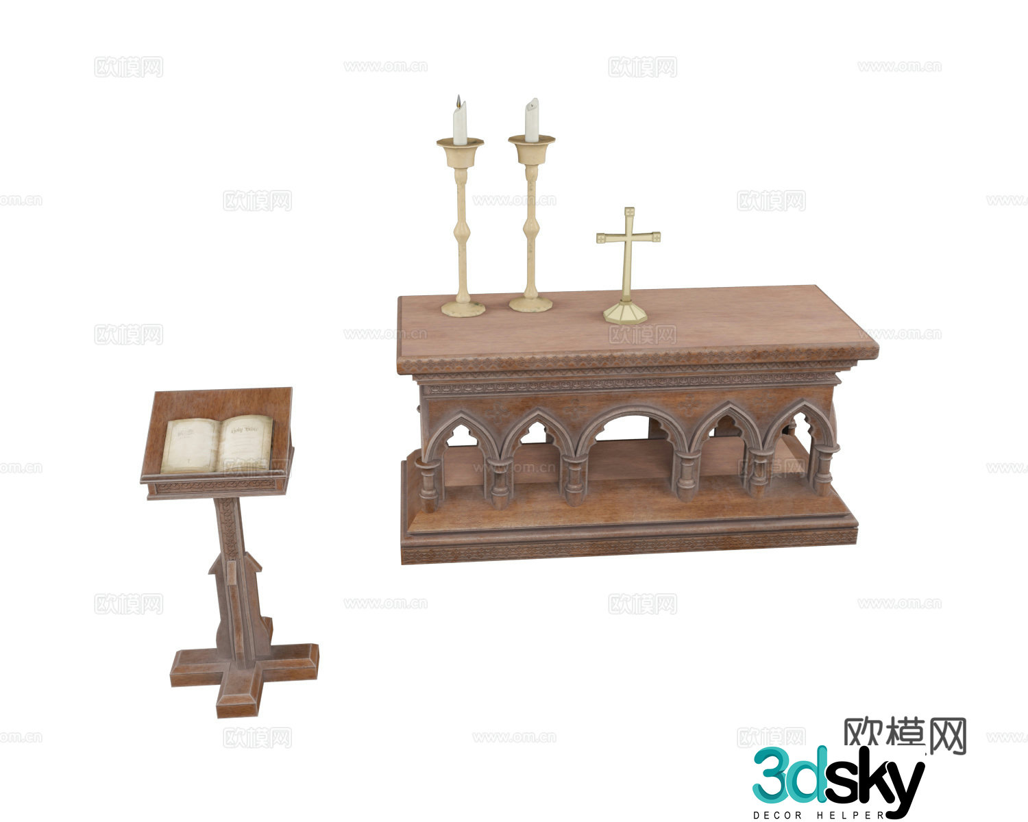 Church podium Church table Candle candlestick Cross 3d model