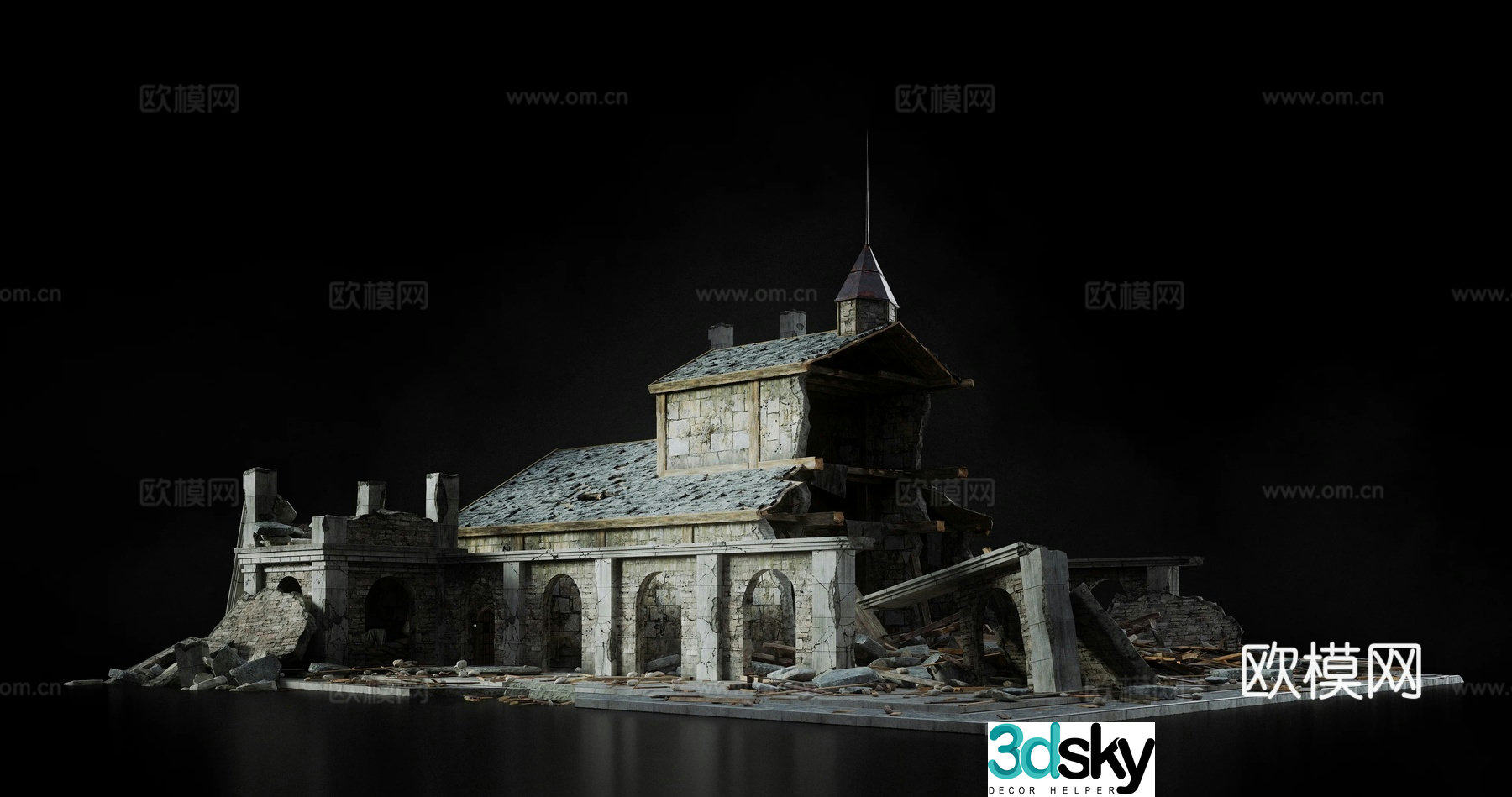 Destroyed Church Ruins Collapsed Building 3d Model