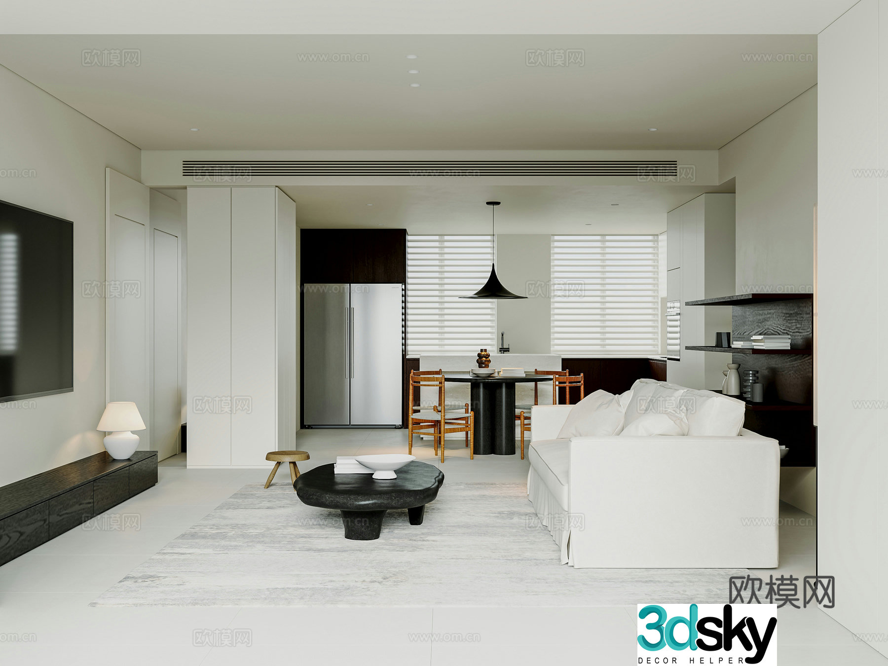 Minimalist medieval living room without lights Open kitchen Fabric sofa Medium ancient dining table 3D model