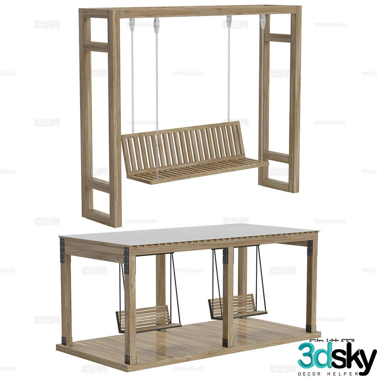 New Chinese style outdoor wooden swing chair 3D model