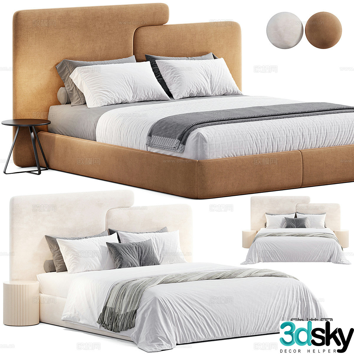 Modern cream style fabric double bed 3d model