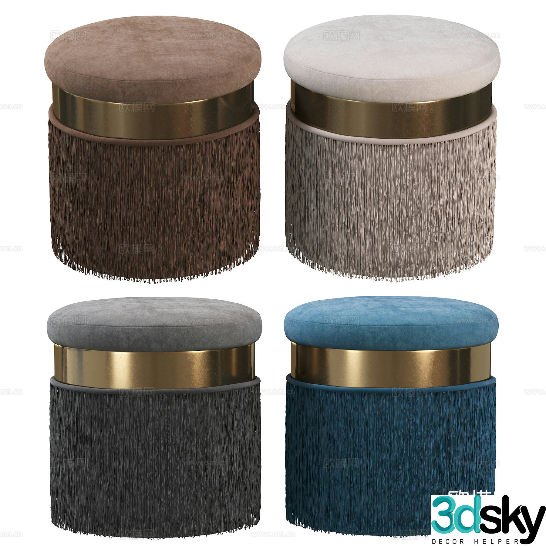 New Chinese style lilac long tassel round velvet footstool 3D model