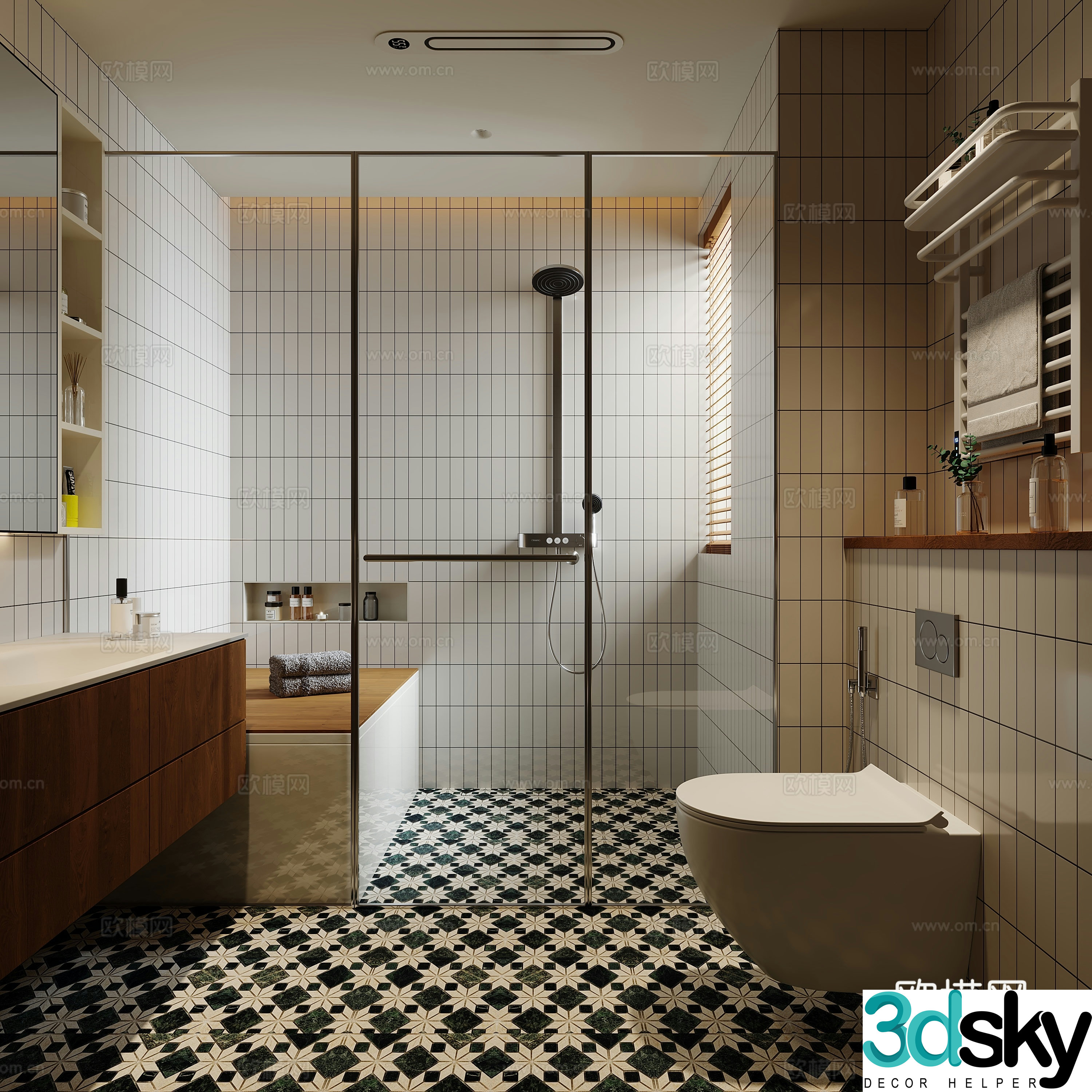 Modern log bathroom wall-mounted toilet electric towel rack hanging wash basin sweat steam room wet and dry 3D model