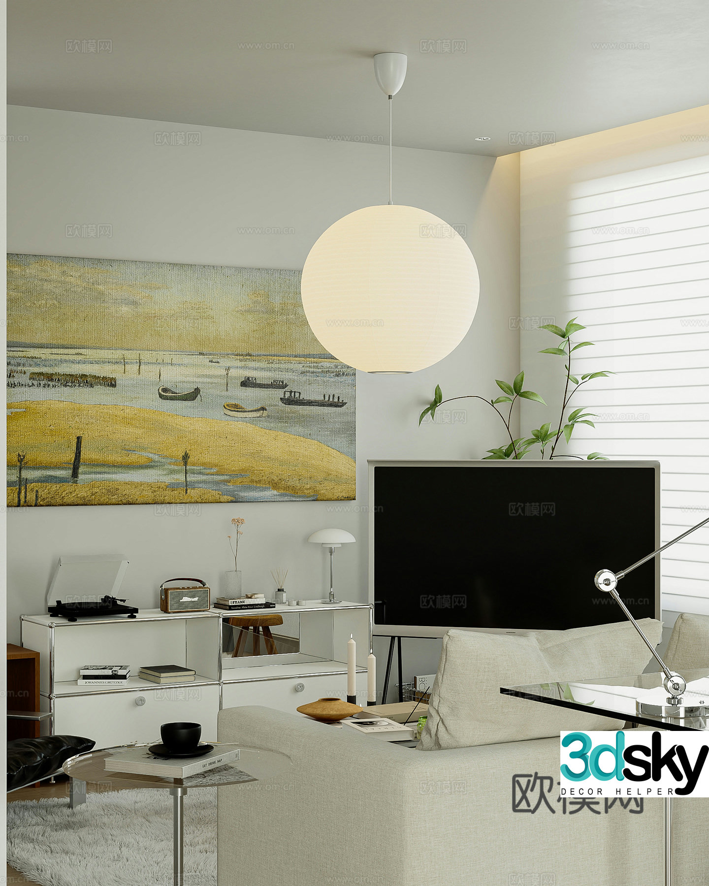 Modern minimalist living room mobile TV metal furniture Marshall speaker living room without lights 3D model